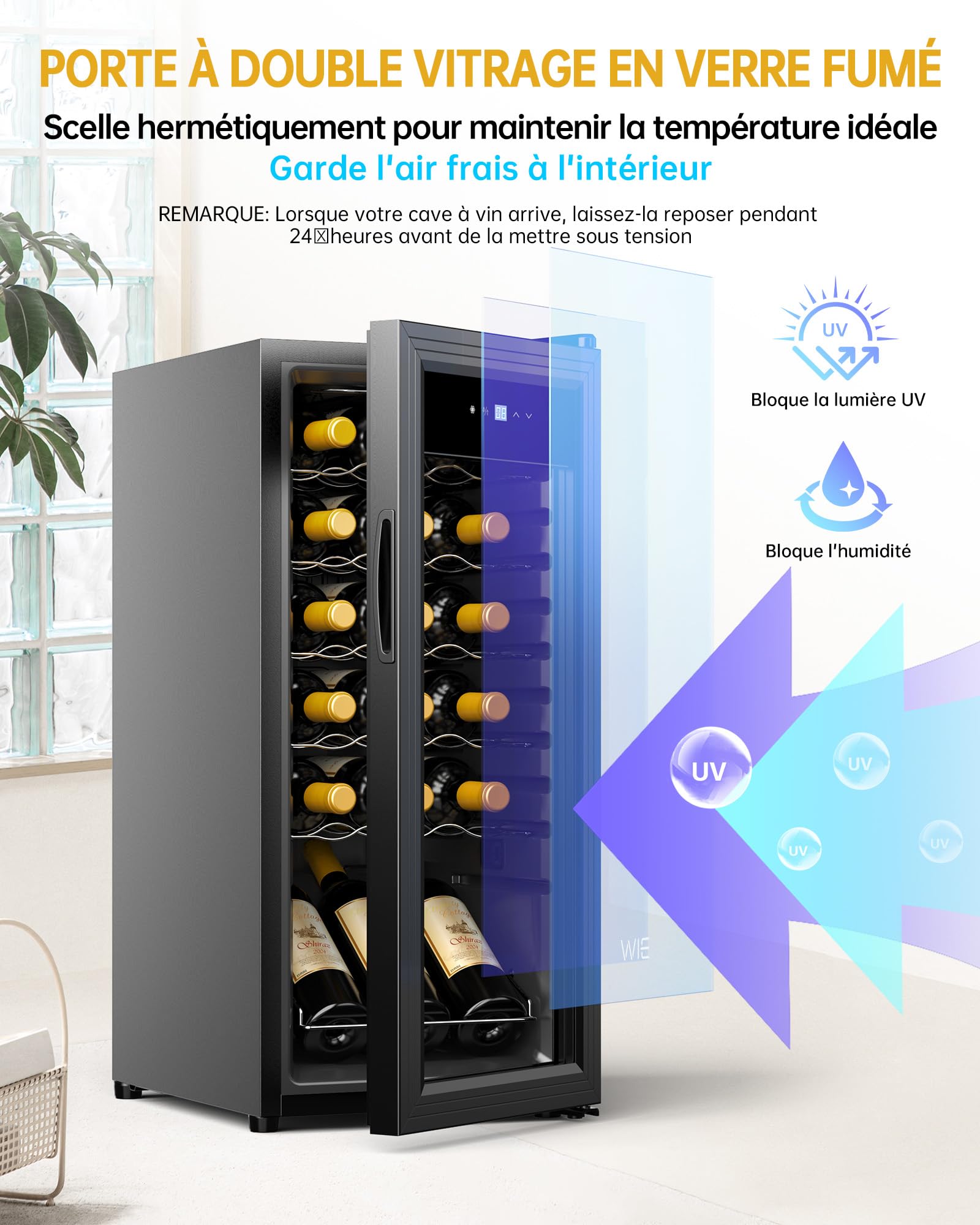 Cave à Vin 18 Bouteilles 53L Réfrigérateur à Vin 5°C-18°C Compresseur Verre Porte Panneau Tactile LED