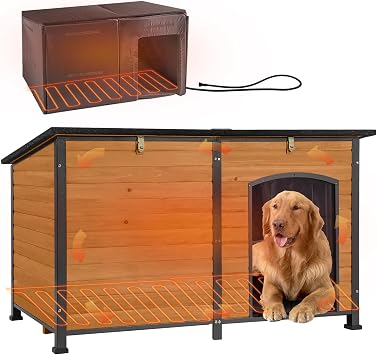 Heated Dog House Outdoor 59.1" Extra Large Dog Kennel with Metal Frame Insulated Dog Crate Cage for Large Dogs Outside with Heater and Insulated Liner, Brown