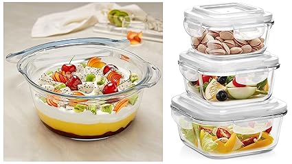Borosil Glass Container Set, Set of 3 (320ml, 520ml & 800ml), Transparent & Borosil Glass Casserole Deep Round - Oven And Microwave Safe Serving Bowl With Glass Lid, 2.5L