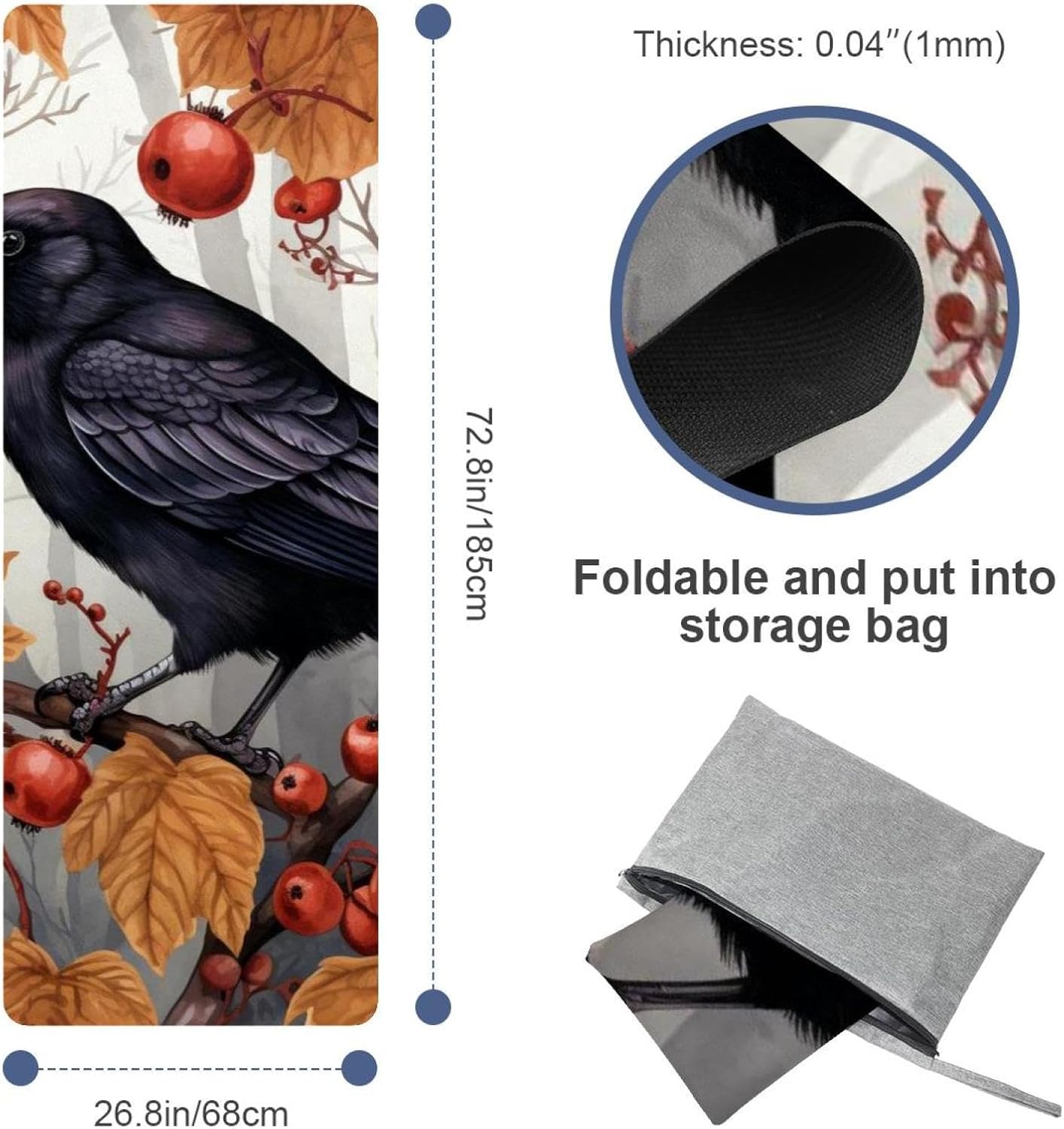 Yoga Towel, Black Crow Pattern Non Slip Sweat Absorbent Hot Yoga Mat Towel for Hot Yoga, Pilates and Fitness - 72.8" x 26.8"