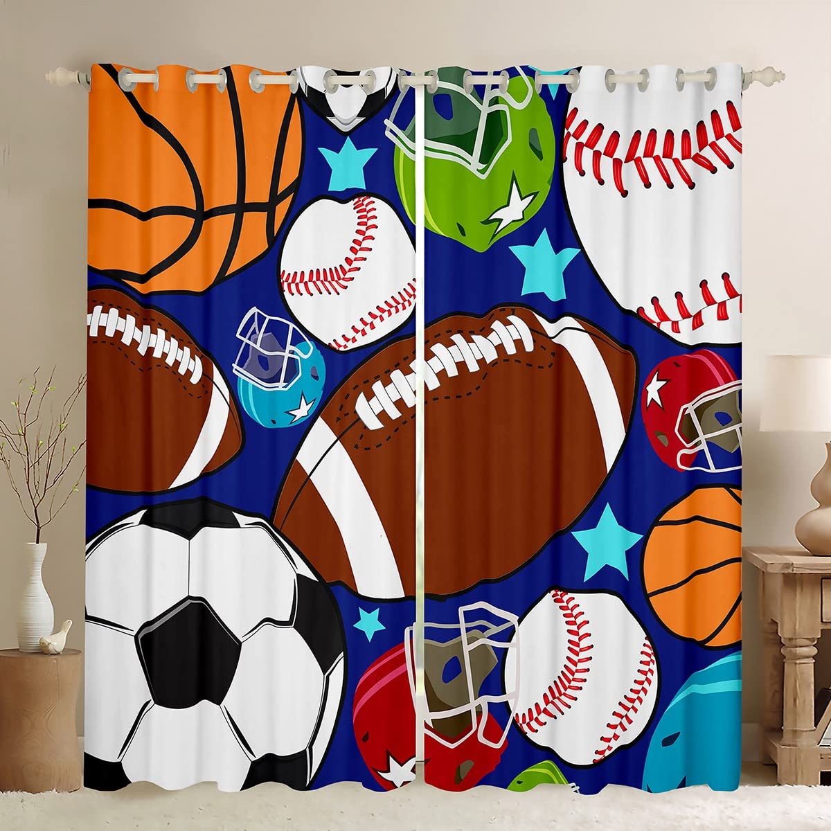 Kids Sports Curtains for Bedroom Football Basketball Tennis Baseball Bedding Boys Teens Sports Window Treatment W66*L90