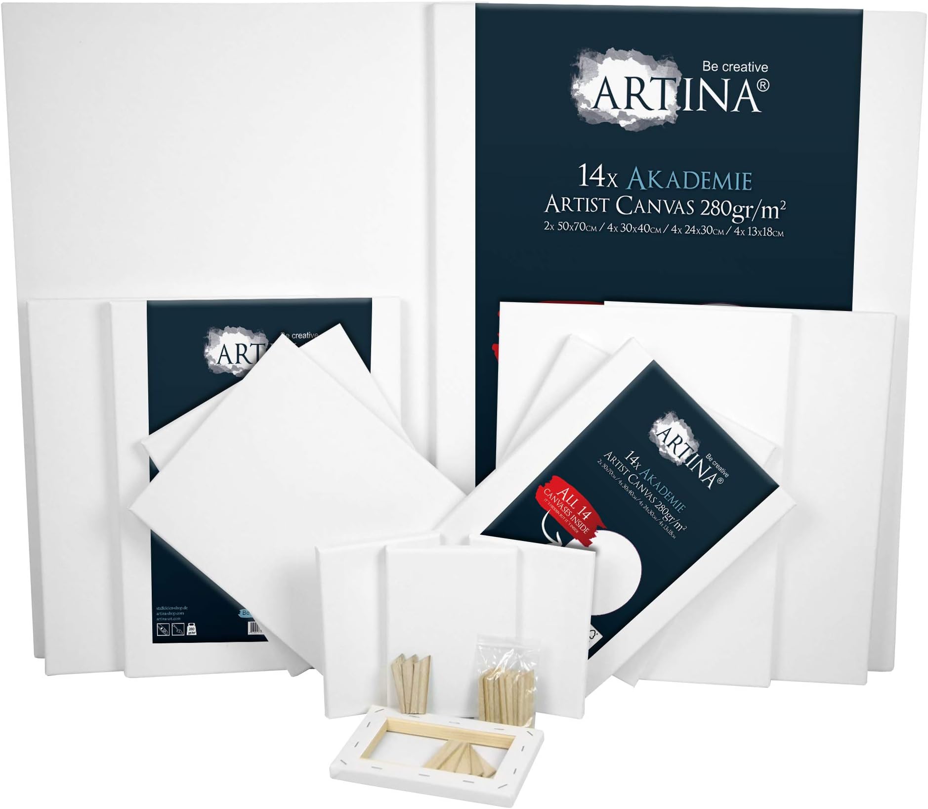 Artina - Set of 14 FSC-certified canvas frames - Akademie painting canvas set - 50 x 70 cm, 30 x 40 cm, 24 x 30 cm, 13 x 18 cm - 280 g/m² - 2 primed - acid free - 100% cotton
