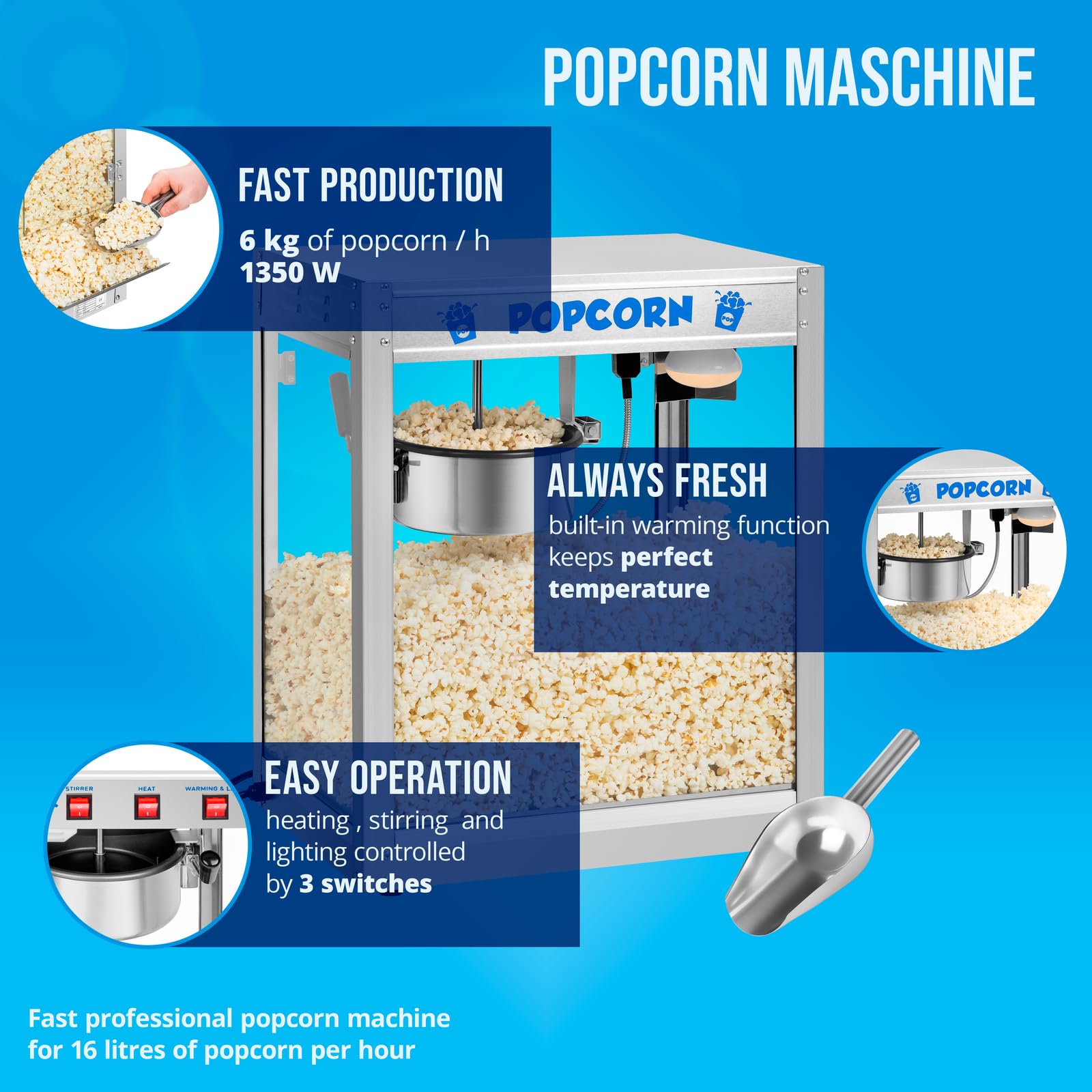 Royal Catering Profesjonalna maszyna do popcornu (1350 W, ok. 5 kg/h, stal nierdzewna, powłoka nieprzywierająca, szufelka do popcornu, w zestawie
