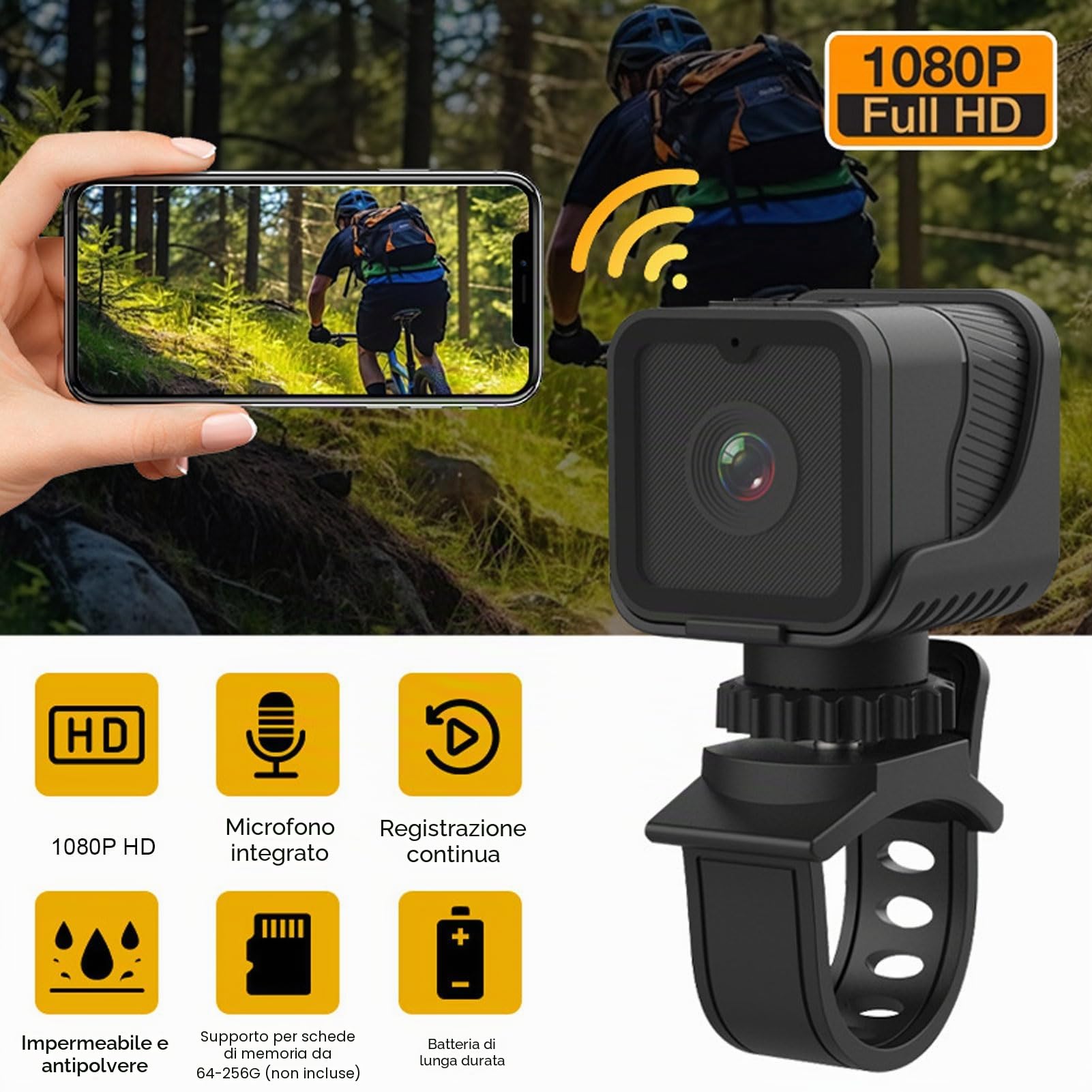 Telecamera WiFi per Bici da Manubrio, Mini Videocamera Sportiva 1080P con Grandangolo 120°, Registratore Esterno Impermeabile per Bicicletta, Montagna, Bici da Strada