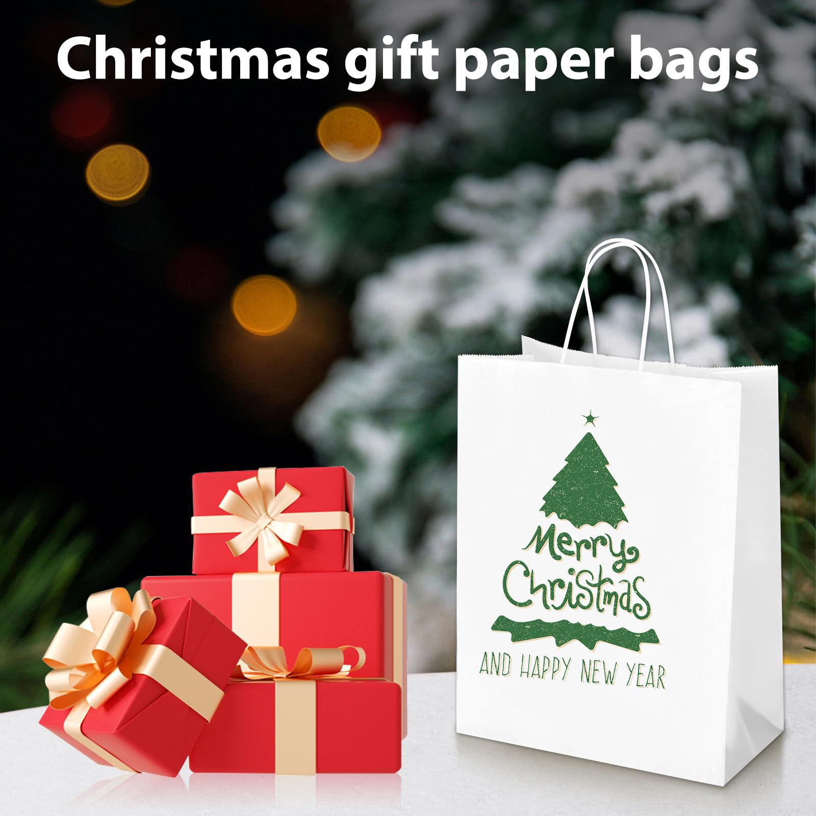 Oikss Confezione da 50 sacchetti di carta kraft bianca con manici, 25 x 12 x 33 cm, per feste di compleanno, bomboniere, generi alimentari, shopping, affari, sacchetti regalo riciclati (grandi