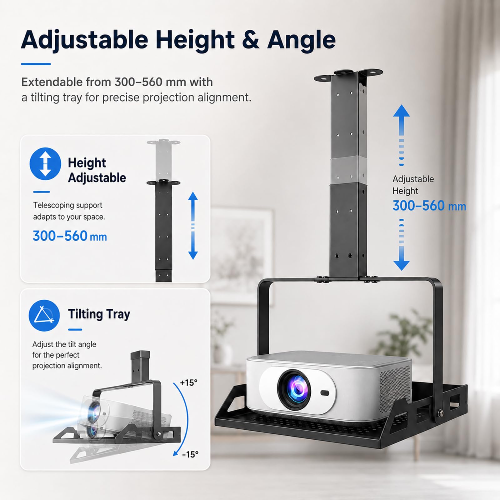 Supporto da soffitto per proiettore regolabile in altezza 30 – 56 cm – Supporto universale per proiettore per soffitto e parete con passacavo nascosto, portata 10 kg, ideale per home cinema, ufficio e