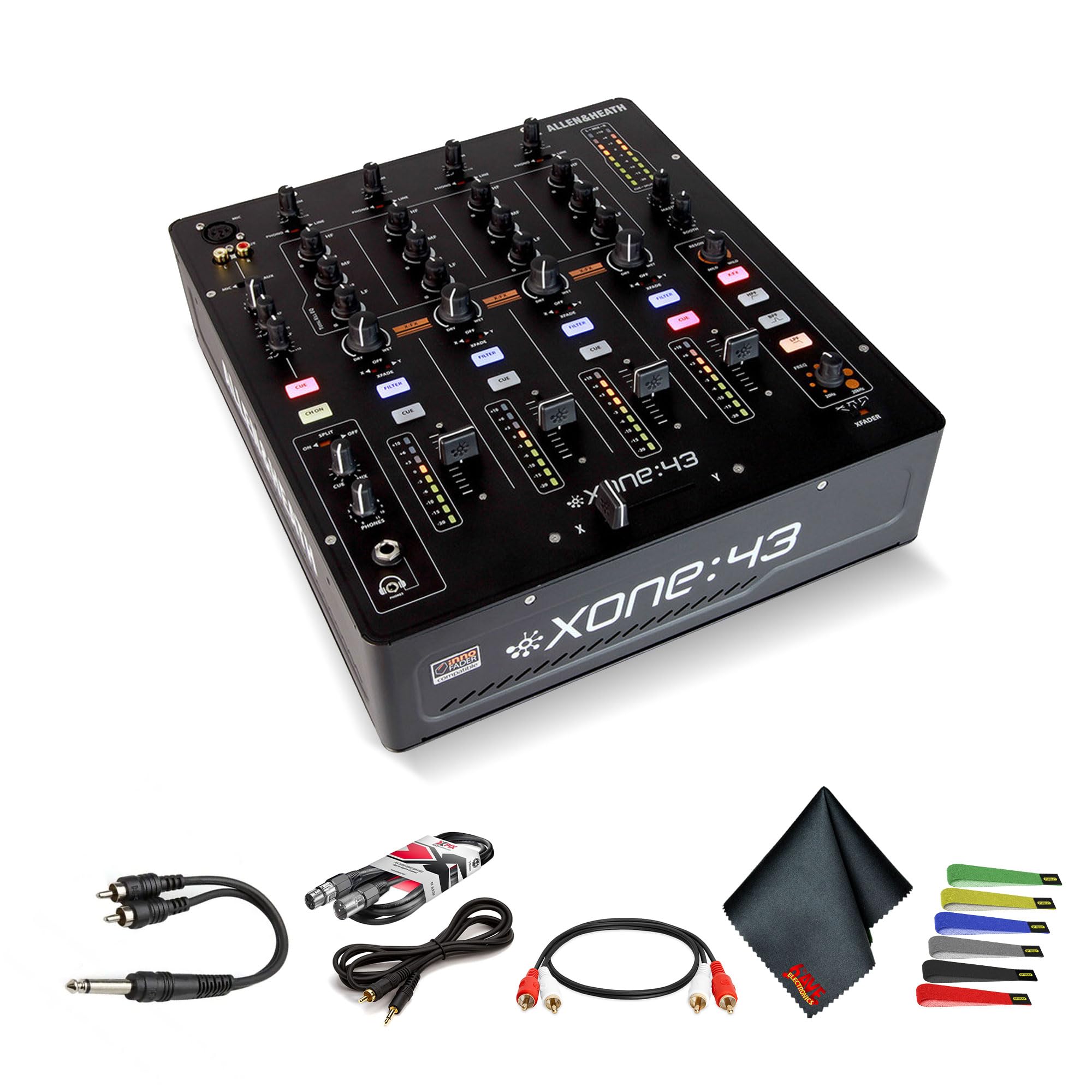 Allen & Heath Xone 43 High Performance 4+1 Channel Analog DJ Mixer (AH-XONE:43) Bundle with RCA male to 1/4 + XLR + Audio Cable 3.5mm 1/8 and More Accessoires