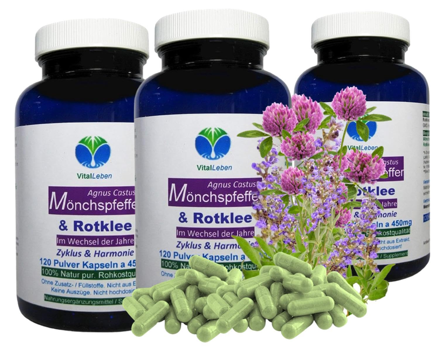 Mönchspfeffer & Rotklee 360 (3x120) Kapseln - Meno Fit Hormon Balance Wechseljahre Menopause - ZYKLUS & HARMONIE - NATUR pur Isoflavone, Phytohormone. KEIN EXTRAKT - OHNE ZUSATZSTOFFE 26870-3
