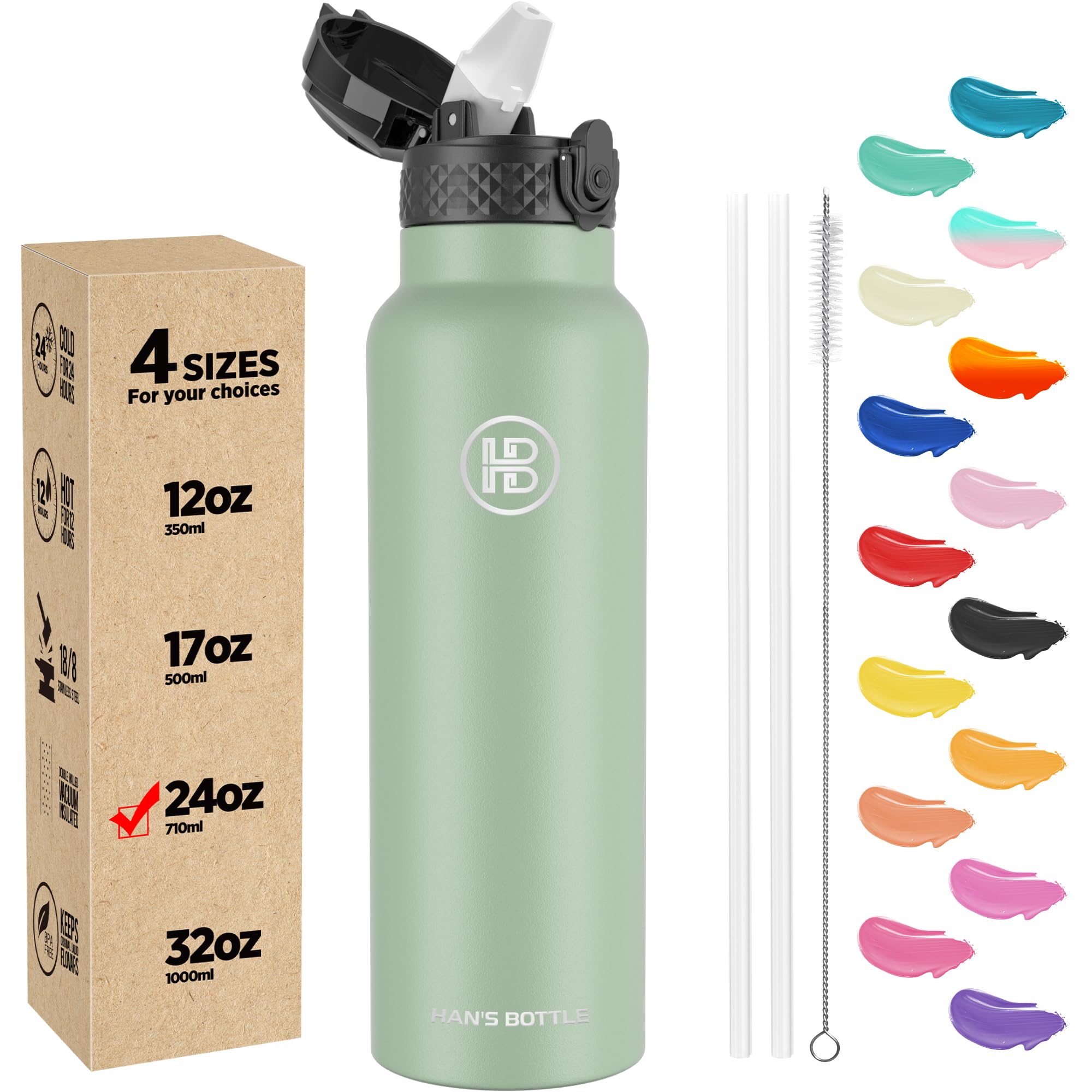 Han's Bottle Sports Water Bottle - 24 Oz, Straw Lid, Leak Proof, Vacuum Insulated Stainless Steel, Double Walled, Thermo Mug,Pine Green