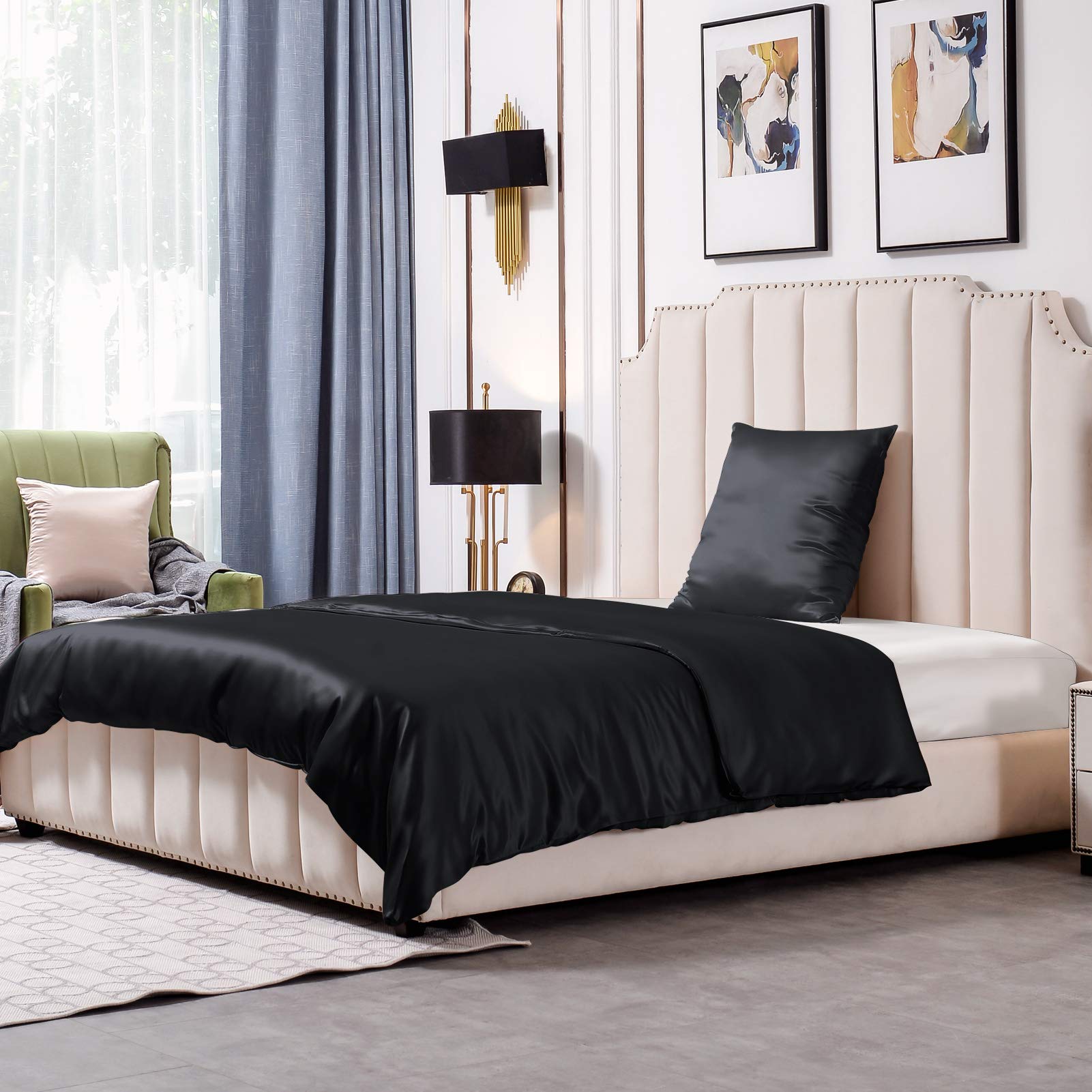THXSILK 25 Momme Seide Bettwäsche 135x200 2 teilig Set, Bettbezug 135 x 200 cm und 80 x 80 cm Kissenbezug, Hypoallergen Maulbeerseide Bettwäsche Set, Ultra Weich und Glatt, Schwarz