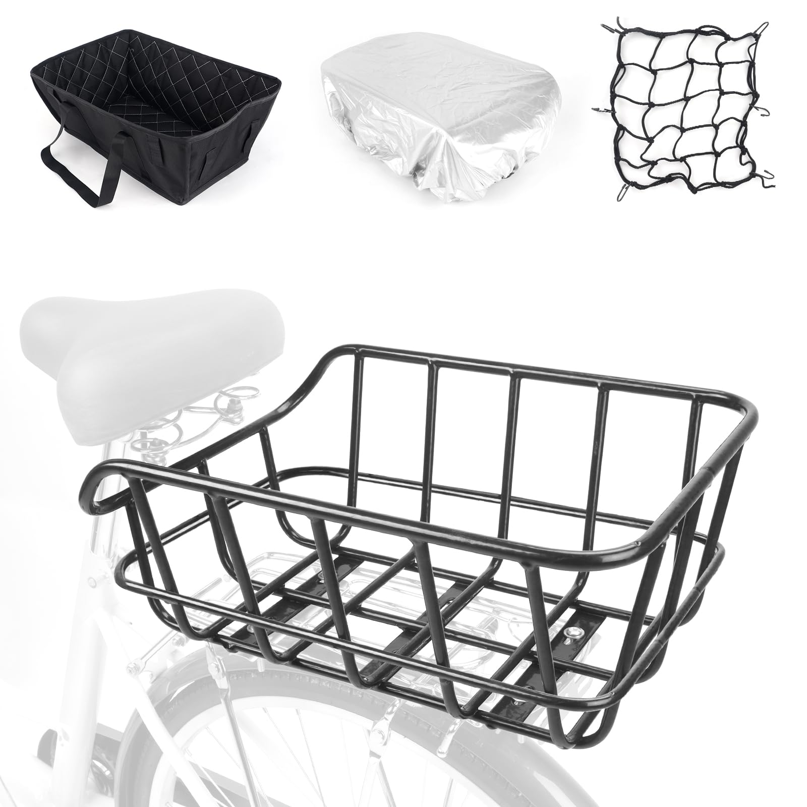 Bike Basket Rear, Bicycle Baskets for Adult Bikes, Ebike Basket with Waterproof Fabric and Inner Lining, Black, Metal
