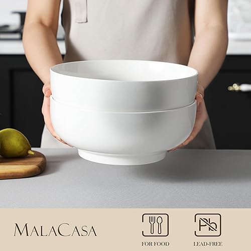 Miniatura 4 de MALACASA Cuencos para Servir, 114 onzas (10 pulgadas) Juego de 2 Cuencos Extra Grandes para Ensalada, Cuencos de Porcelana Blanca para Servir para