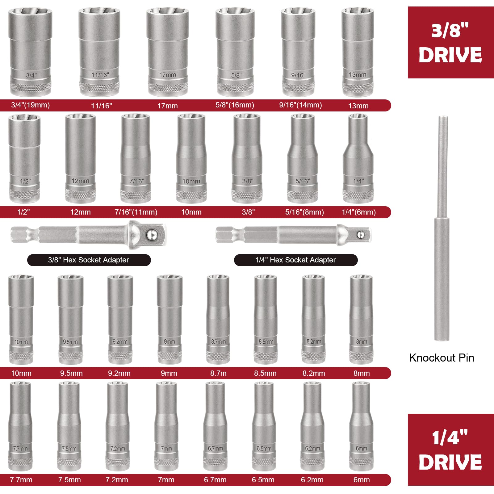 32Pcs Bolt Extractor Kit, 33mm elevated design, with 3/8, 1/4 Inch Adapter, Ez Out Deep Broken Lug Nut Removal Socket Set - Image 2
