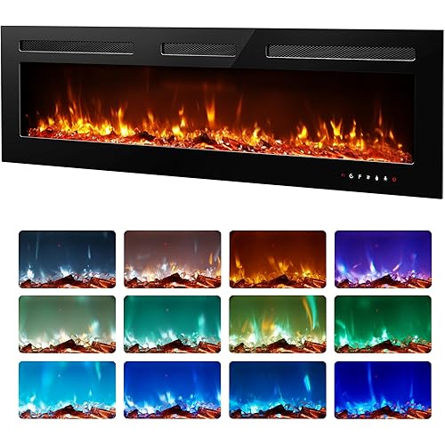 EUHOMY 60 Inch Electric Fireplace Recessed Wall Mounted with Remote Control, Fireplace Heater with Adjustable Flame Color, Linear Fireplace with Timer, Log & Crystal, 750/1500W (2026 Upgrade)