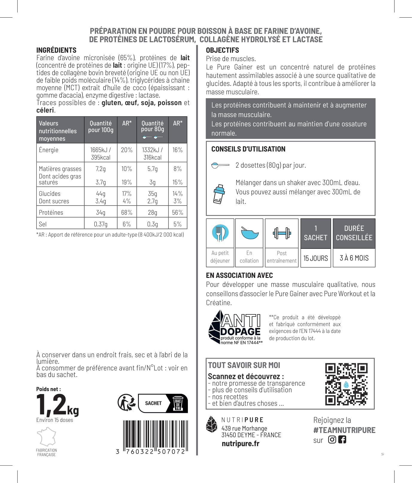 Nutripure | Pure Gainer Prise de Masse Sèche | Whey Native, Collagène & Farine d'Avoine | 28g Protéines, 35g Glucides | Sans Gluten & Sans OGM | Sachet de 1,2 kg | Neutre | Made in France