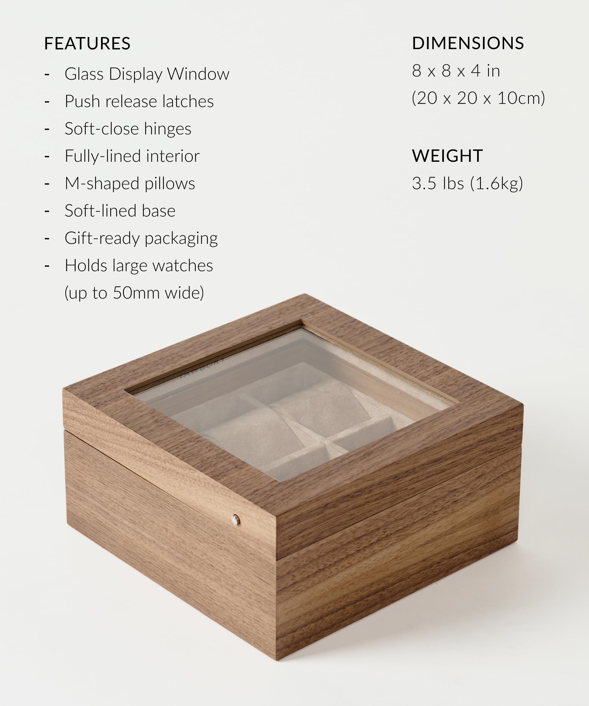 TAWBURY Custodia per orologi in legno, con 6 scomparti, per uomini e donne, con display in vetro, interno protettivo completamente foderato e cuscini larghi 5 cm per orologi piccoli e grandi (noce