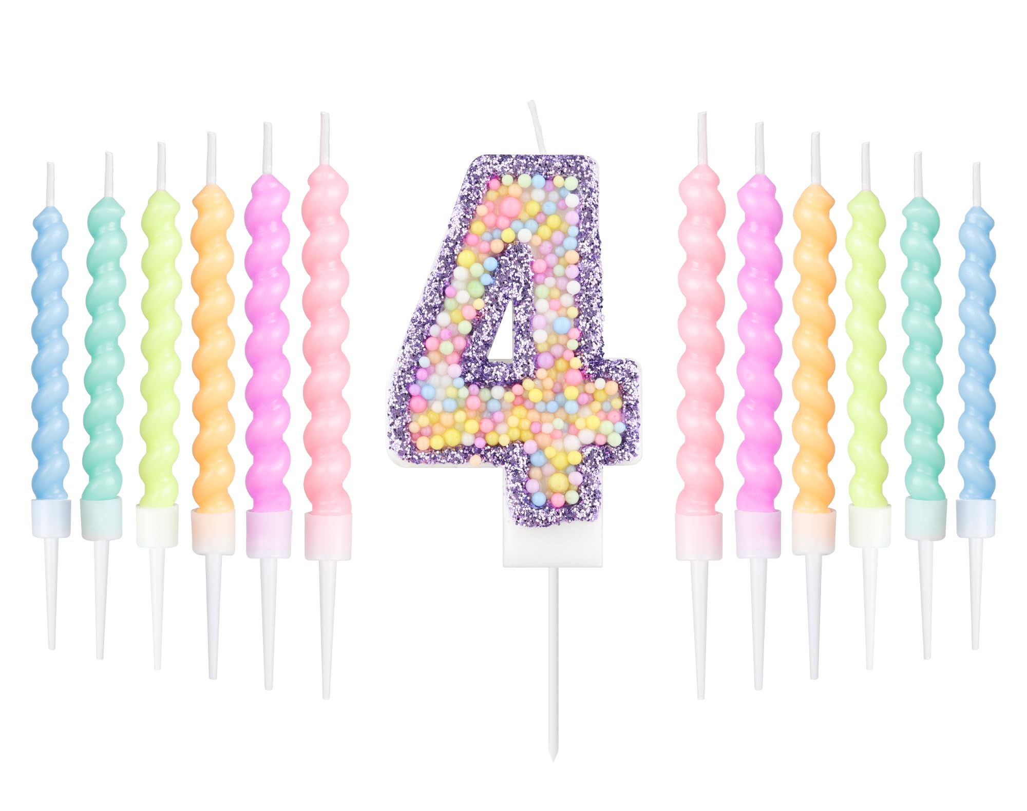 Purple Macaron 4th Birthday Candle with 12pcs Pastel Spiral Candles Set, Girls 4th Birthday Decorations Iridescent,Macaron Number 4 Candle for Cake,Kpop Themed Party Decoration,Baby Showers Supplies