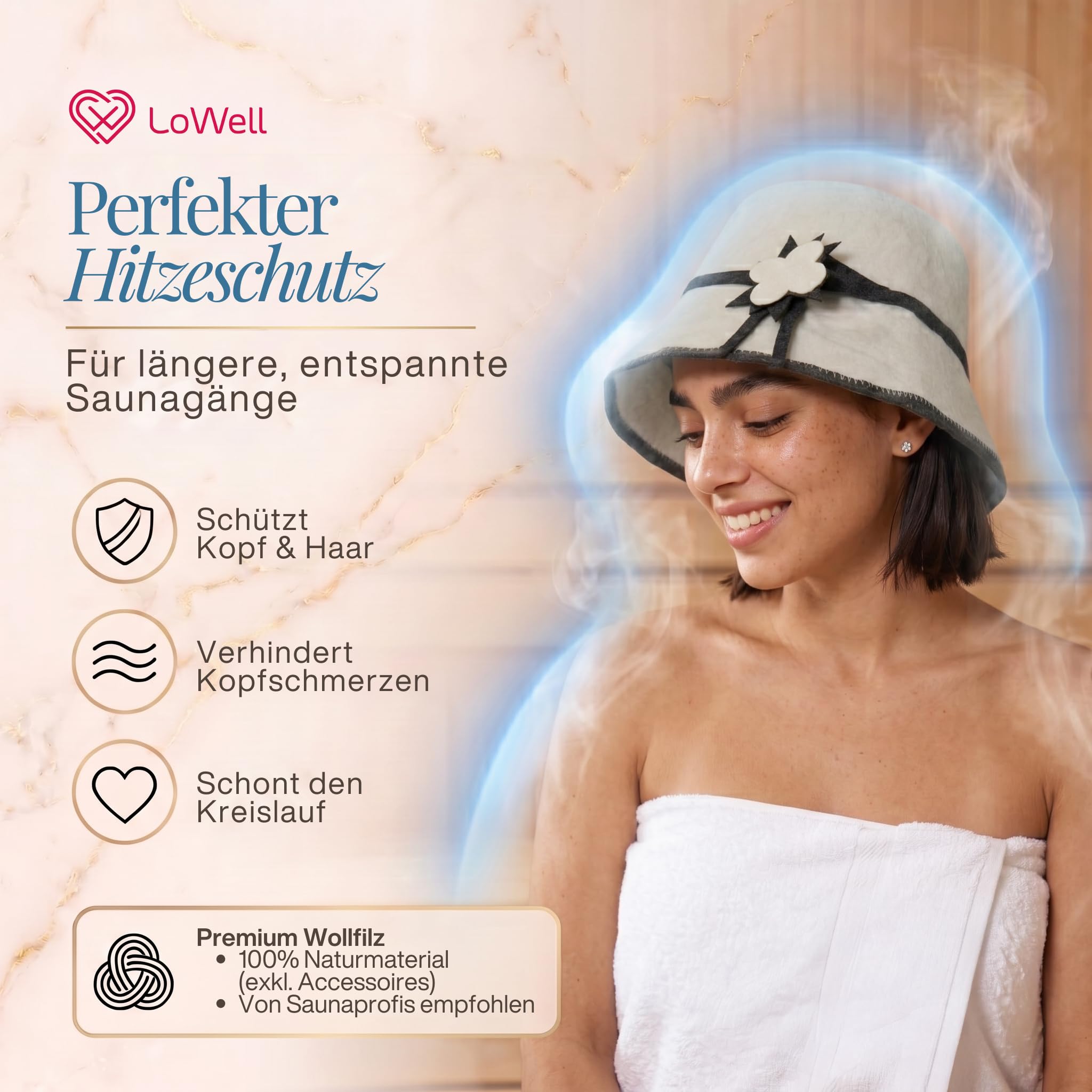 LoWell® czapka do sauny – filcowa czapka dla kobiet i mężczyzn, w zestawie poradnik użytkownika sauny – idealny dodatek do sauny dla wyjątkowego doświadczenia spa – czapka do sauny (kwiat)