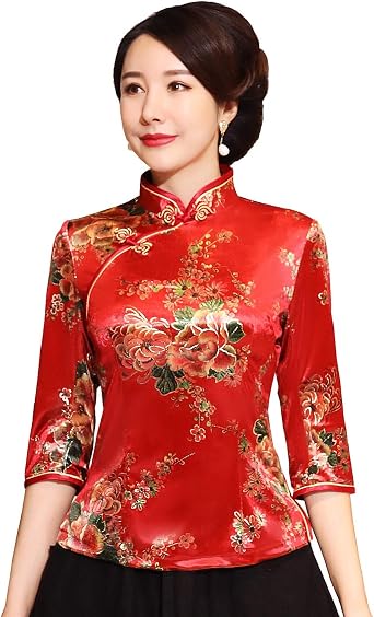 Shanghai Story Chinese Cheongsam Shirt 3/4 Sleeve Velvet Chinese Blouse for Women