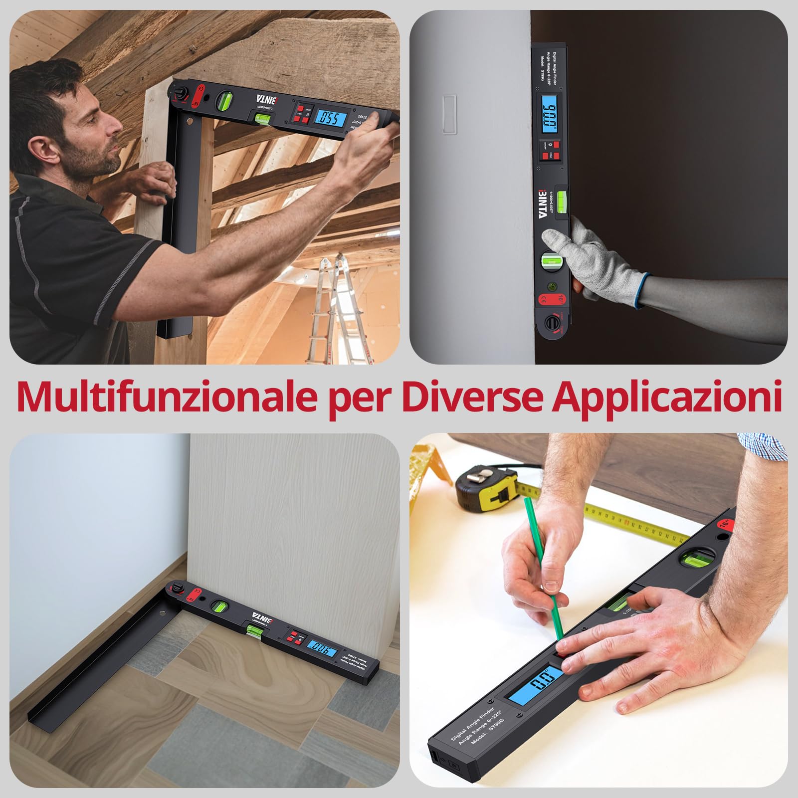 BINTA Angle Finder Digitale 0-225°Inclinometro Livella Angolare Digitale Precisione ±0.5°- Display LCD Retroilluminato, Doppia Bolla con Borsa Portatile per Falegnami/Edil/Fai Da Te-Nero