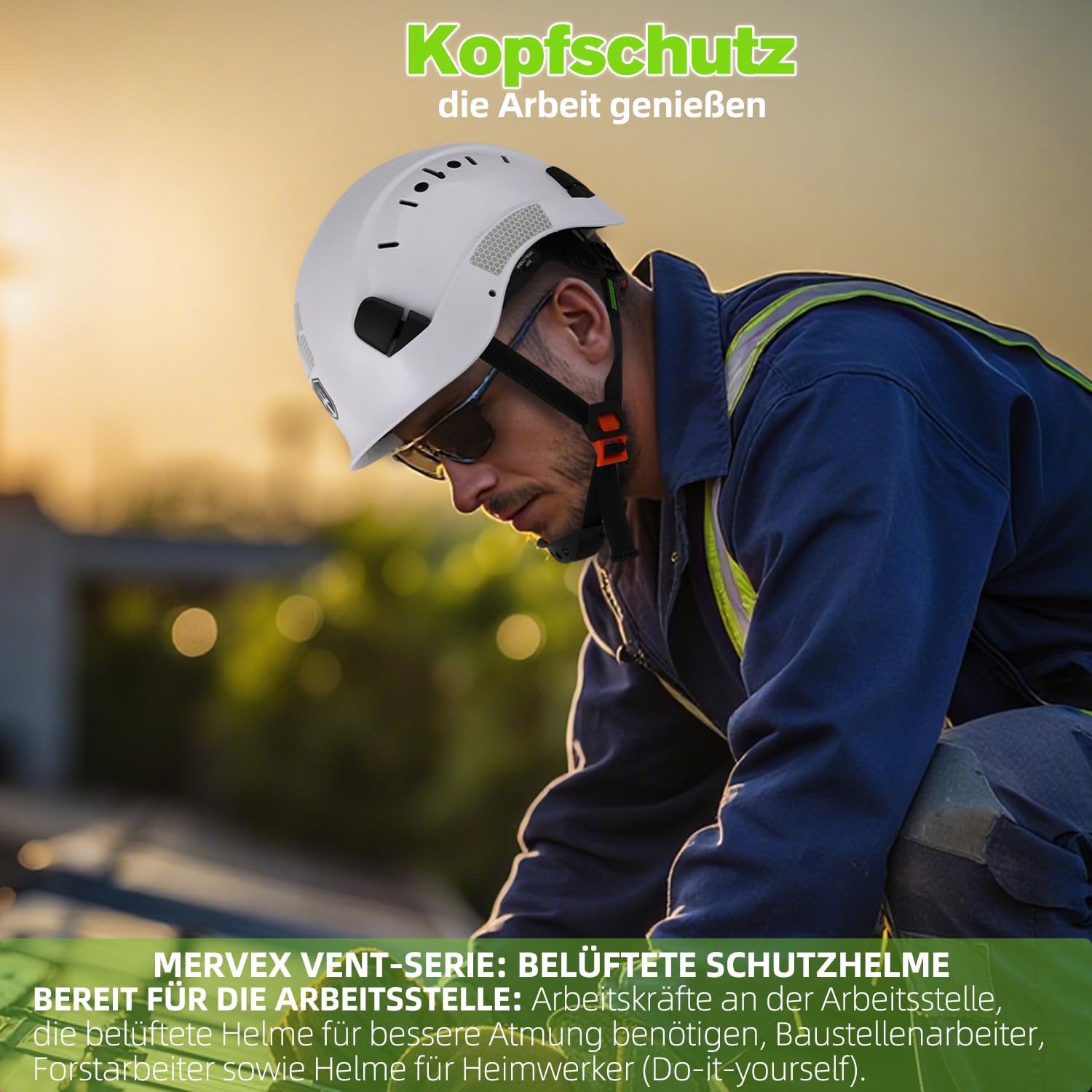 GREEN DEVIL Mervex Vent Set - EN397 zertifizierter Arbeitshelm für BAU & Industrie, 6-Punkt Aufhängung + Helmleuchte mit Bewegungssensor