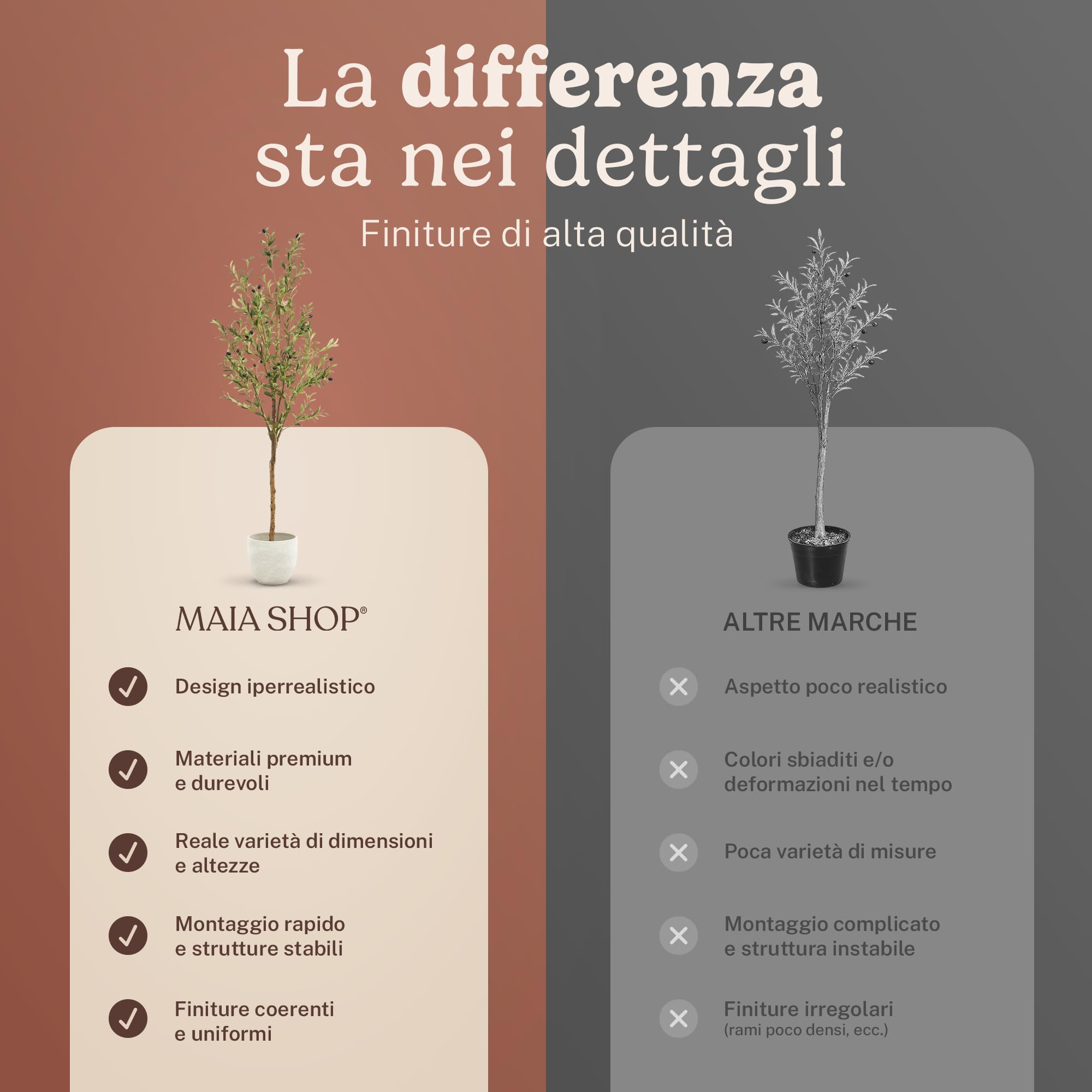 MAIA SHOP Olivo artificiale 180 cm Minimal, pianta finta grande da interno con tronco naturale, albero decorativo realistico per arredare casa ufficio e hotel