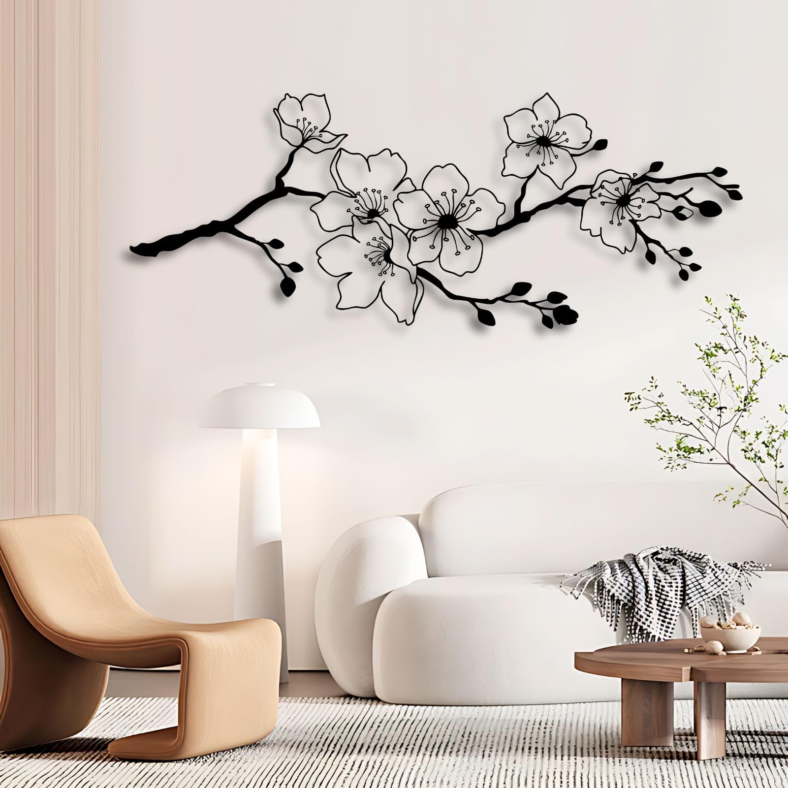 Decorazione murale in Metallo con Fiori di ciliegio Sakura, Arte Moderna Giapponese in Metallo, Scultura Moderna con Fiori di ciliegio Sakura per Soggiorno, corridoio e Scale (Bianco 41" Lx16
