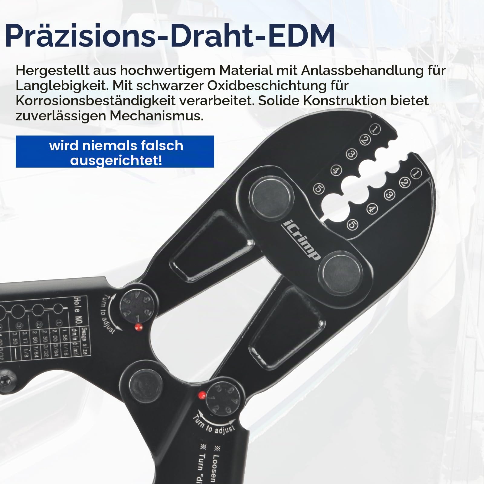 iCrimp Robuste Drahtseil-Crimpzange mit integriertem Kabelschneider, langer Griff, Presspresse für Kupfer- und Aluminiumhülsen, arbeitssparende Crimpzange für 1/16 Zoll - 3/16 Zoll (Ø 1,6 - 4,8 mm
