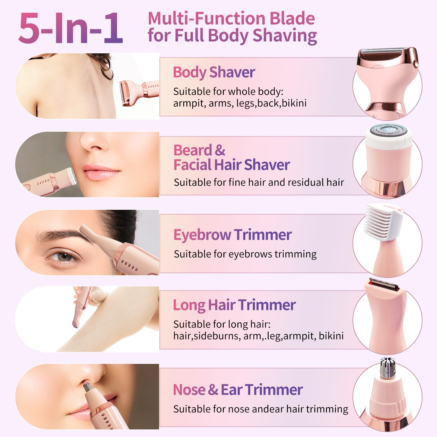 Maquinillas de afeitar eléctricas 5 en 1 para mujer, sin dolor, para cuerpo húmedo y seco, removedor de vello facial y corporal recargable para cara, nariz, cejas, brazos, axilas, piernas, zona púbica