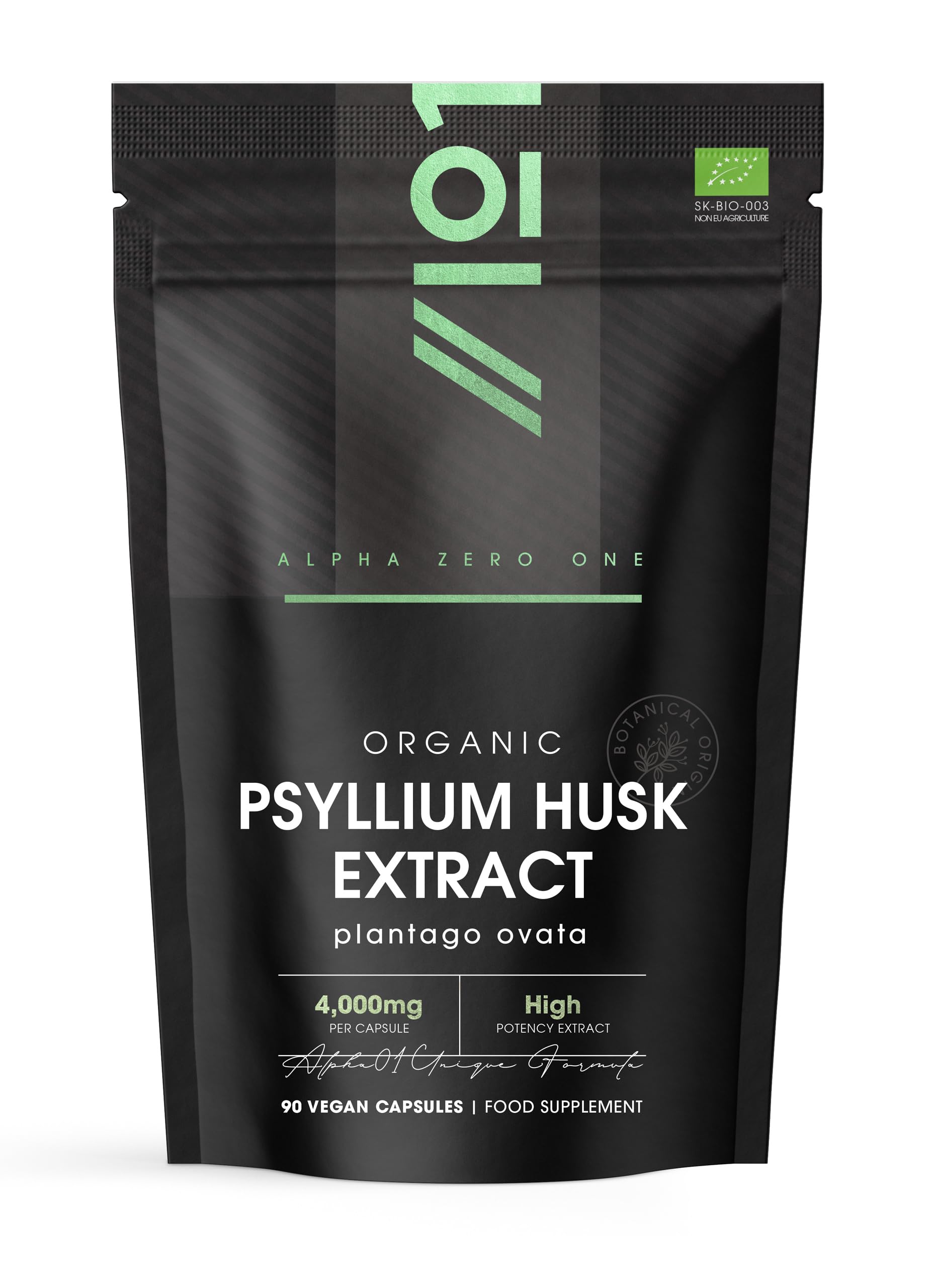 Organic Fibre Supplement 4000mg Psyllium Husk - Natural Prebiotic Fibre Supplement from Raw Plantago Ovata Seeds - 90 Vegan Capsules - Resealable and Recyclable Pouch by Alpha01