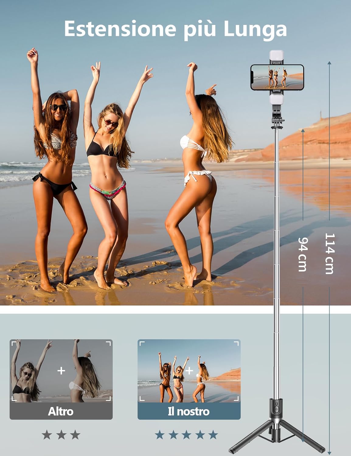 Bastone Selfie Treppiede Migliorato- 2 Luce di Riempimento, 114 CM Selfie Stick Treppiede per Telefono Extra Lungo con Telecomando Staccabile Compatibile con iPhone Samsung Smartphones Nero - Immagine 3