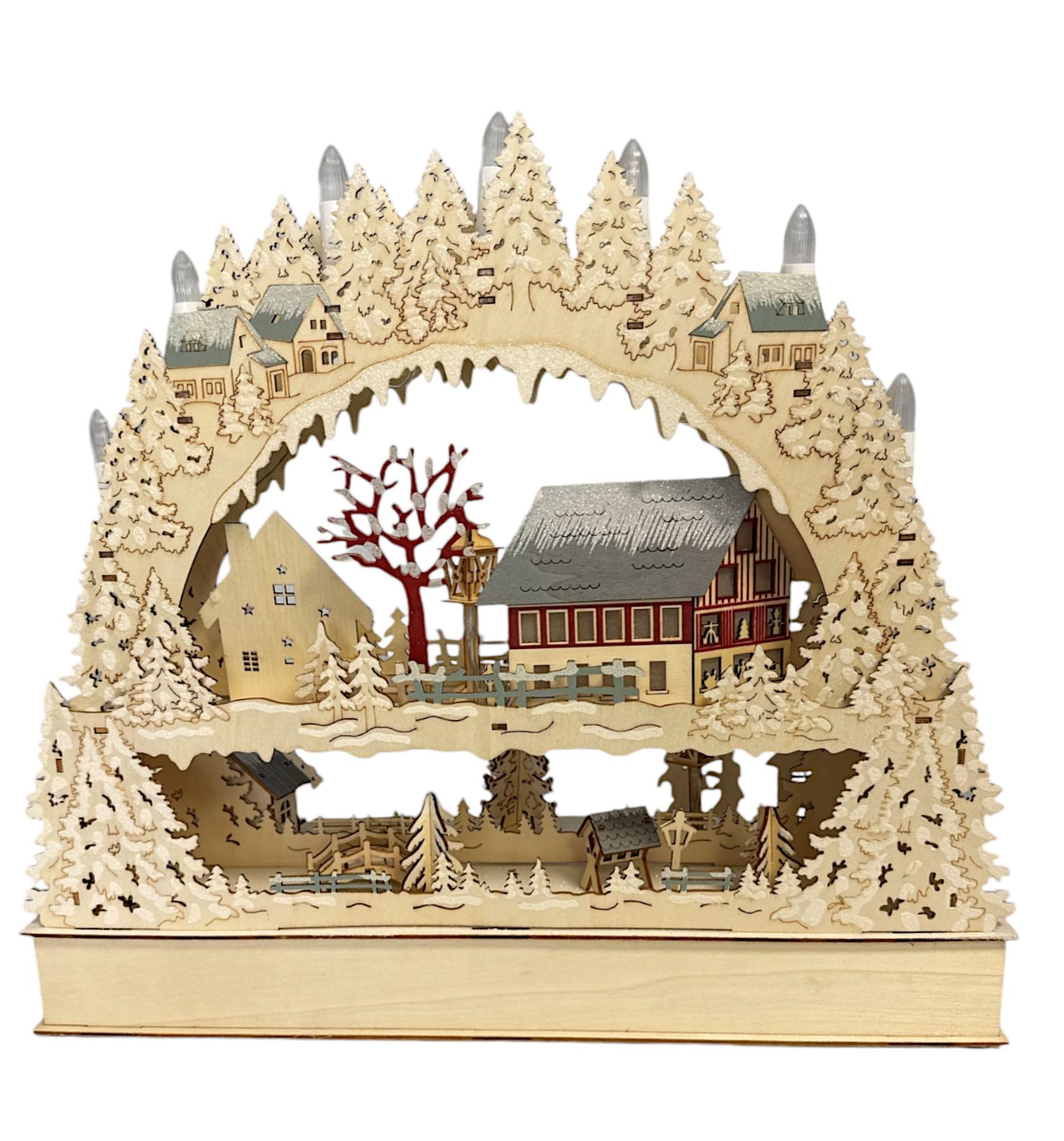 Wichtelstube-Kollektion XXL LED Schwibbogen Weihnachtsdorf, Lichterbogen mit Podest mehrere Ebenen und Bewegung Schwippbogen mit drehenden Weihnachtsbaum Echtholz