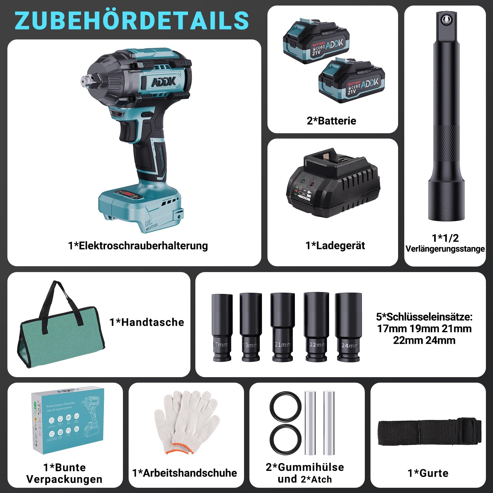 Akumulatorowa wkrętarka udarowa, 3 w 1, profesjonalna 550 Nm/1000 Nm, 21 V, bezszczotkowa, światło LED, 4 końcówki, 4 wiertła, rękawiczki, torba na narzędzia, do samochodu, wymiana opon (1000 Nm