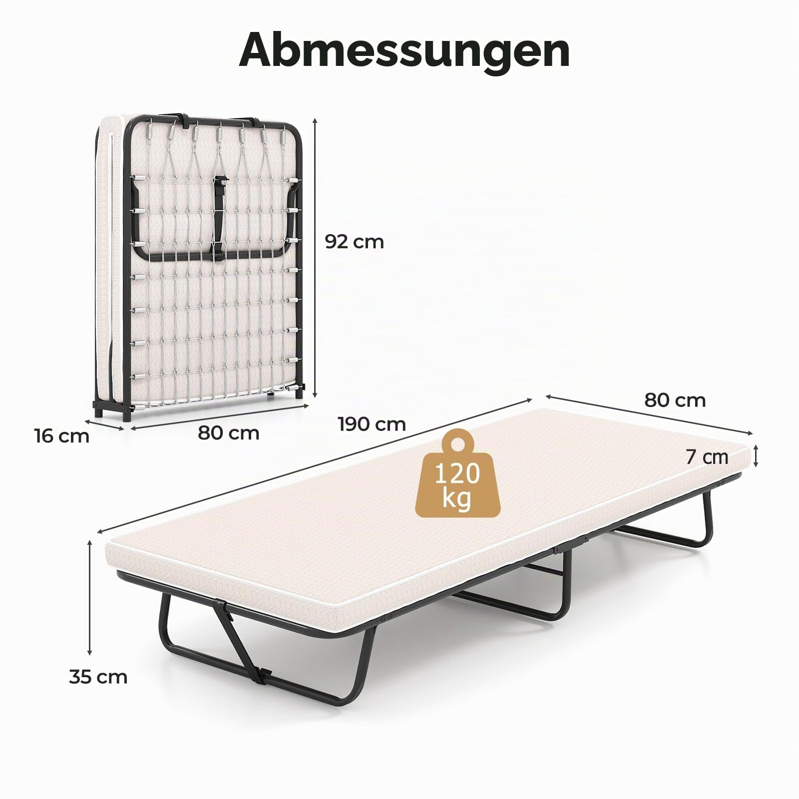 GIANTEX Klappbett 80 x 190 cm Erwachsene, Gästebett Klappbar, Reisebett mit Matratze, klappbares Bett Einzelbett, Faltbett Metallbett Metallrahmen bis 170 kg belastbar, Klappbett mit Memory-Schaum