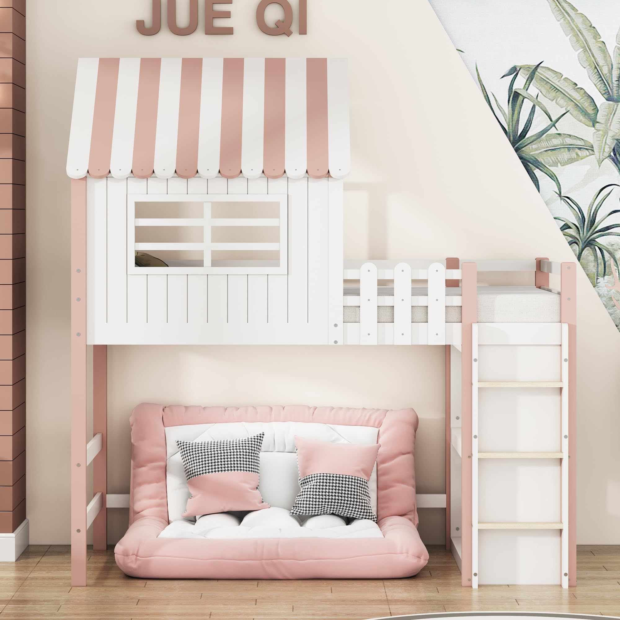Hochbett 90x200, Kinderbett mit Ablagefach, Multifunktionsbett Massivholzbett mit Rausfallschutz und Lattenrost Holzbett, Rosa, ohne Matratze