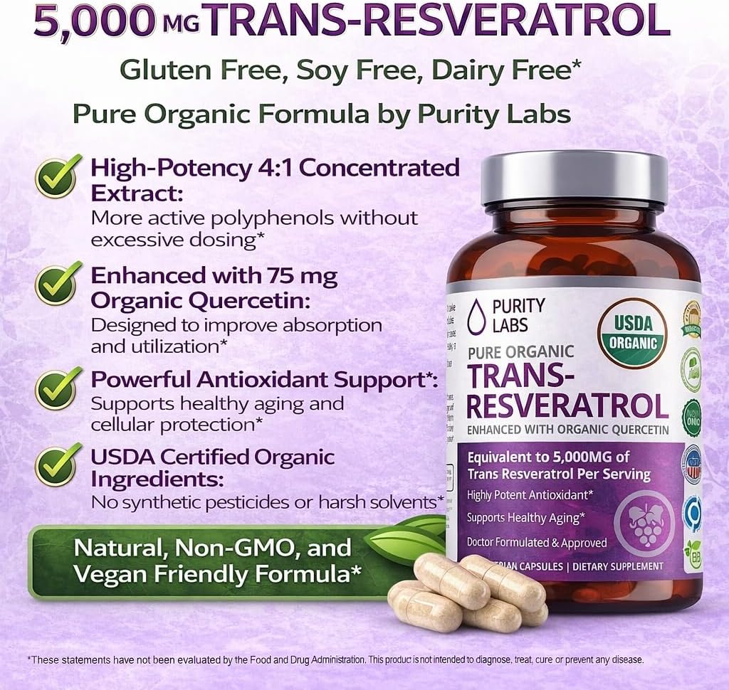 Purity Labs Trans-Resveratrol Supplement 5,000 mg Equivalent per Serving with Quercetin, USDA Organic High Potency Antioxidant, Vegan Capsules, 90 Count