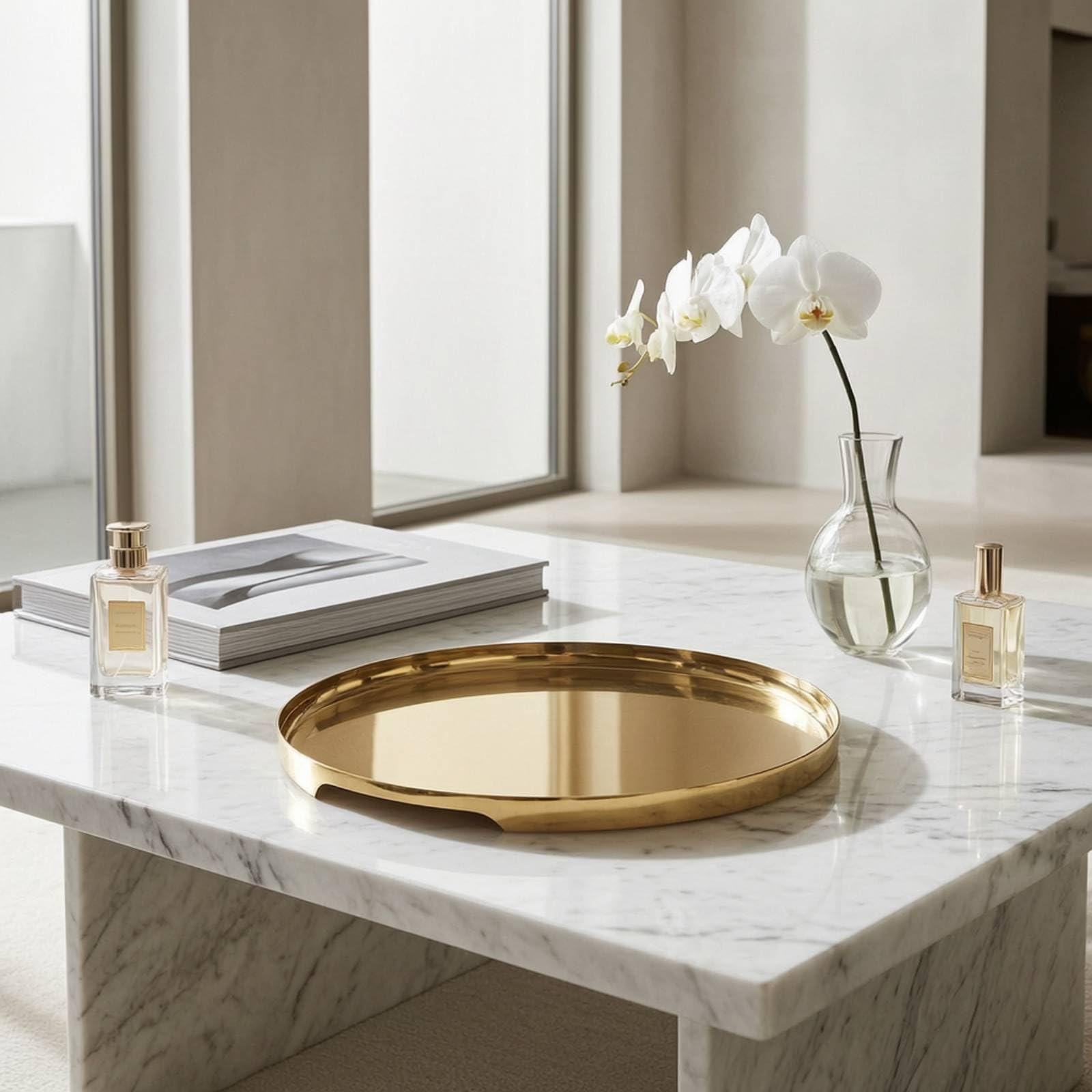 Bandeja Espejada de Servicio Bandeja Redonda Decorativa de Acero Inoxidable Bandeja Metálica de Mesa con Superficie Reflectante y Base Firme Adecuada, Dorado