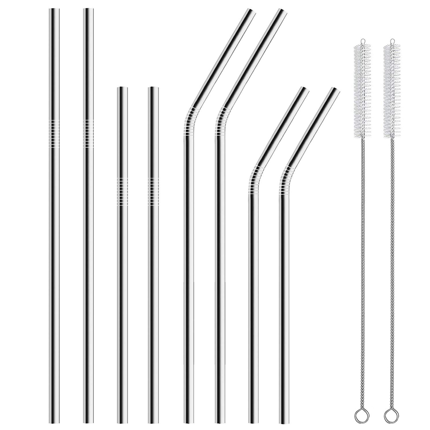 INWET Stainless Steel Drinking Straws 8 Pieces Silver Reusable Straws and 2 Cleaning Brushes