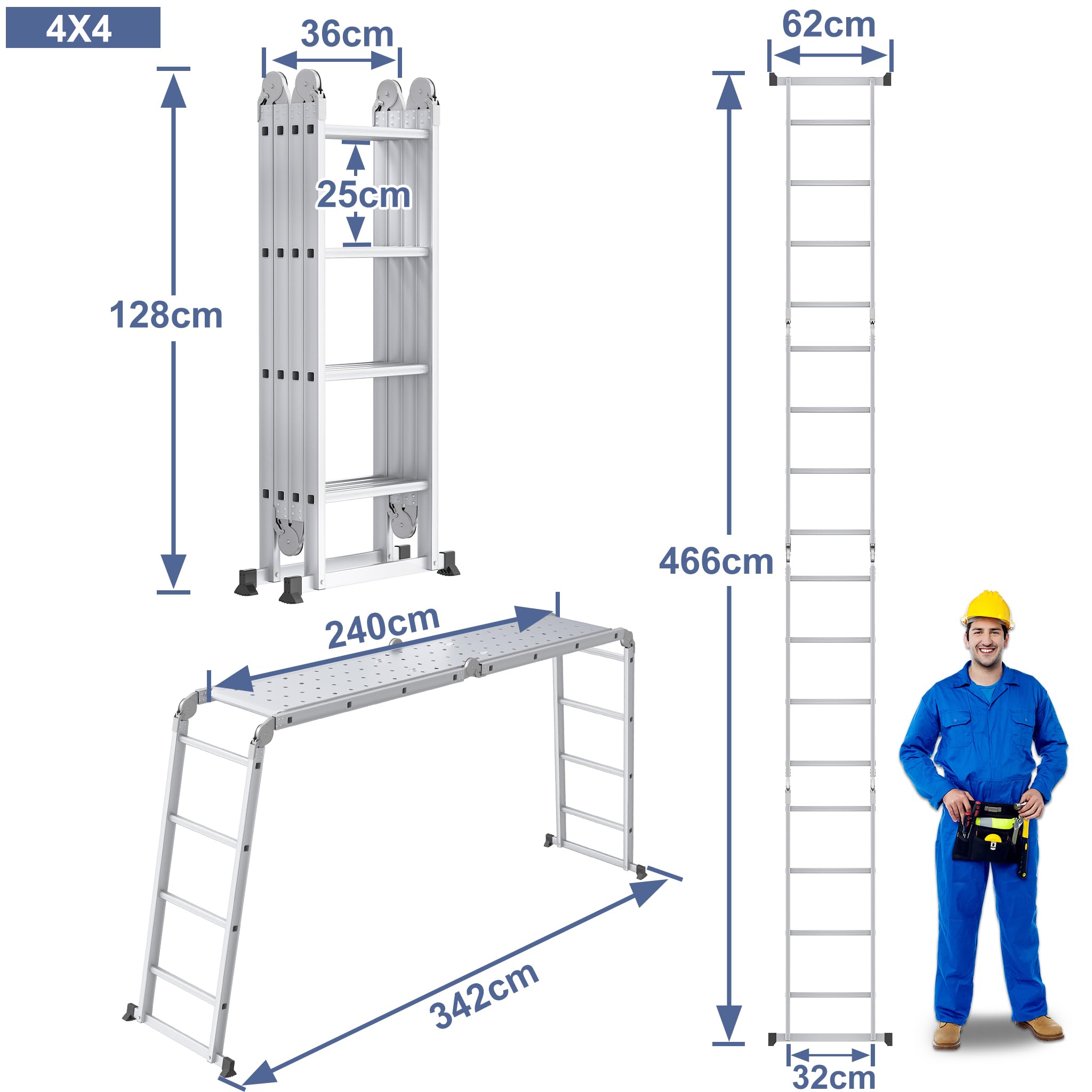 Froadp Escalera multiusos 6 en 1, 4,7 m, plegable, de aluminio, con 2 ruedas y plataforma, multifunción, soporta hasta 150 kg
