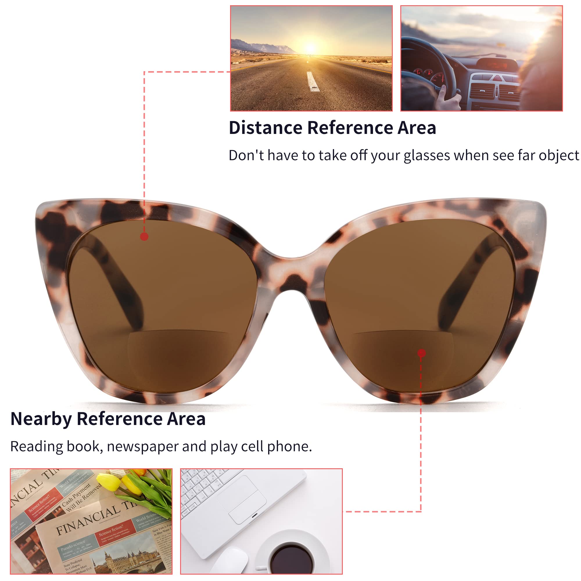 JM Classic Bifocal Reading Glasses Oversized Cateye Stylish Sunglasses Readers for Women Tortoise+2.25 - Image 4