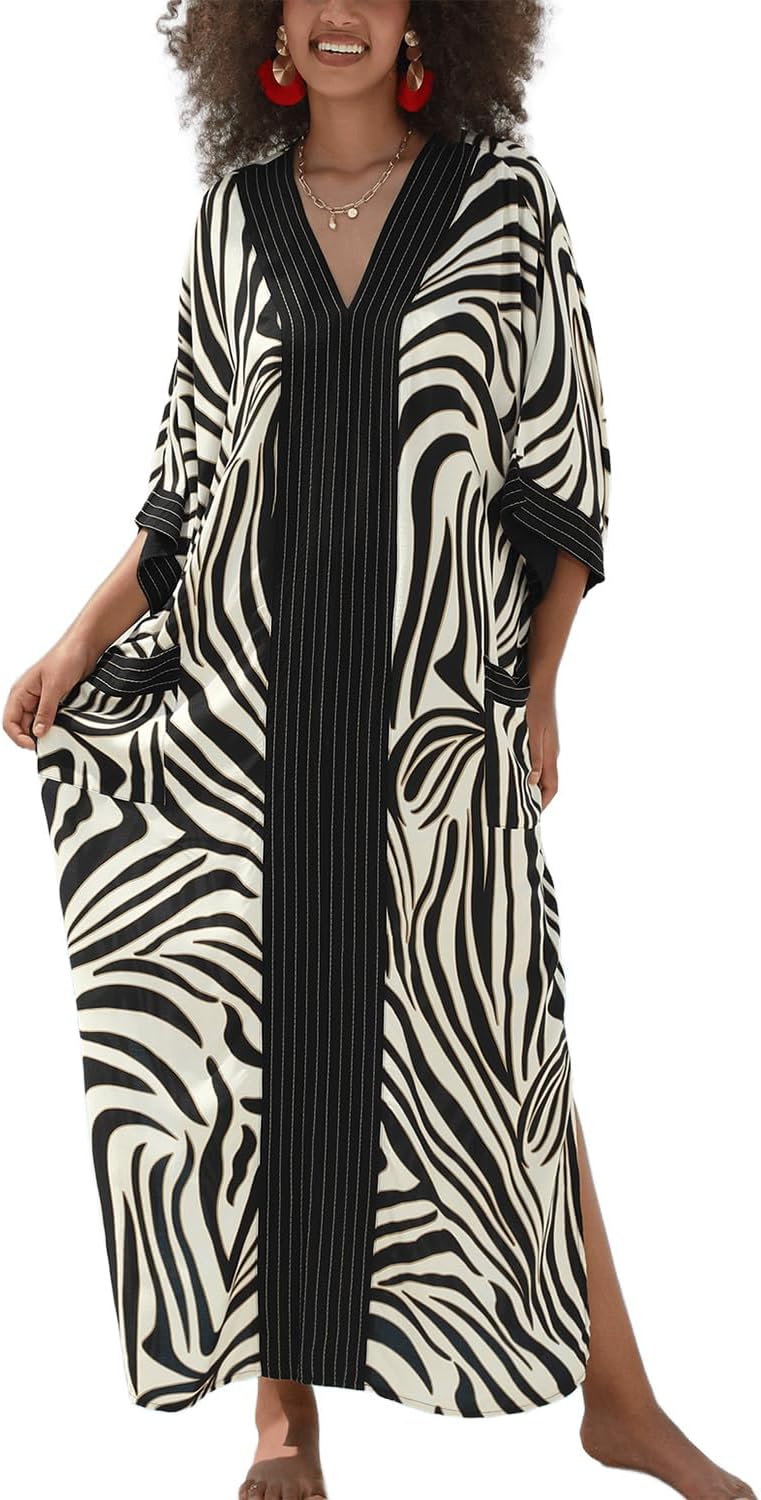 Women's Long Kimono Maxi Bohemian Dress Beach Coverup Robe Plus Size Nightgown One Size