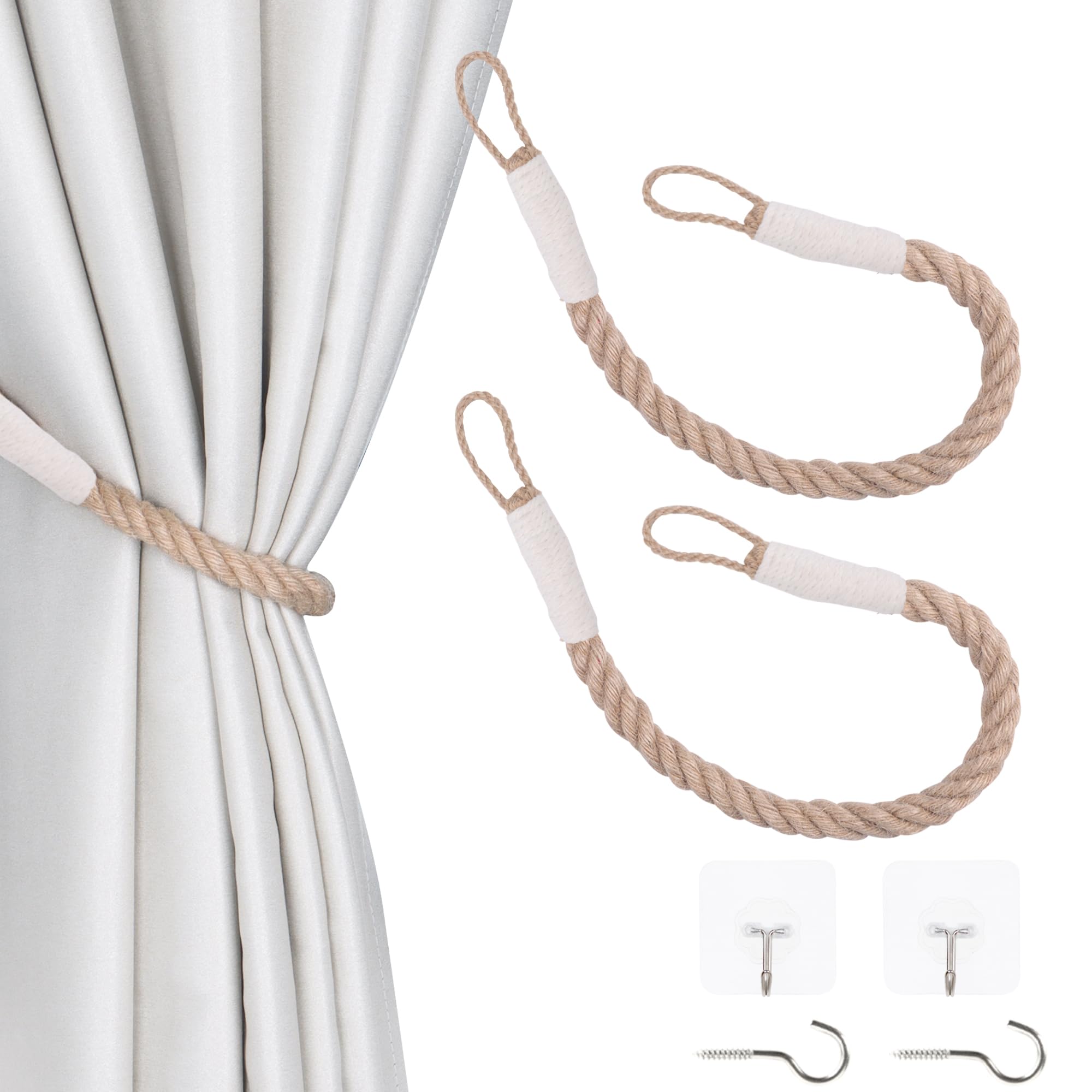 OCIOLI 2 alzapaños de Cortina con Cuerda de cáñamo Trenzada, Decorativos Hechos a Mano, alzapaños de Cortina para Cortinas (Beige, 2)