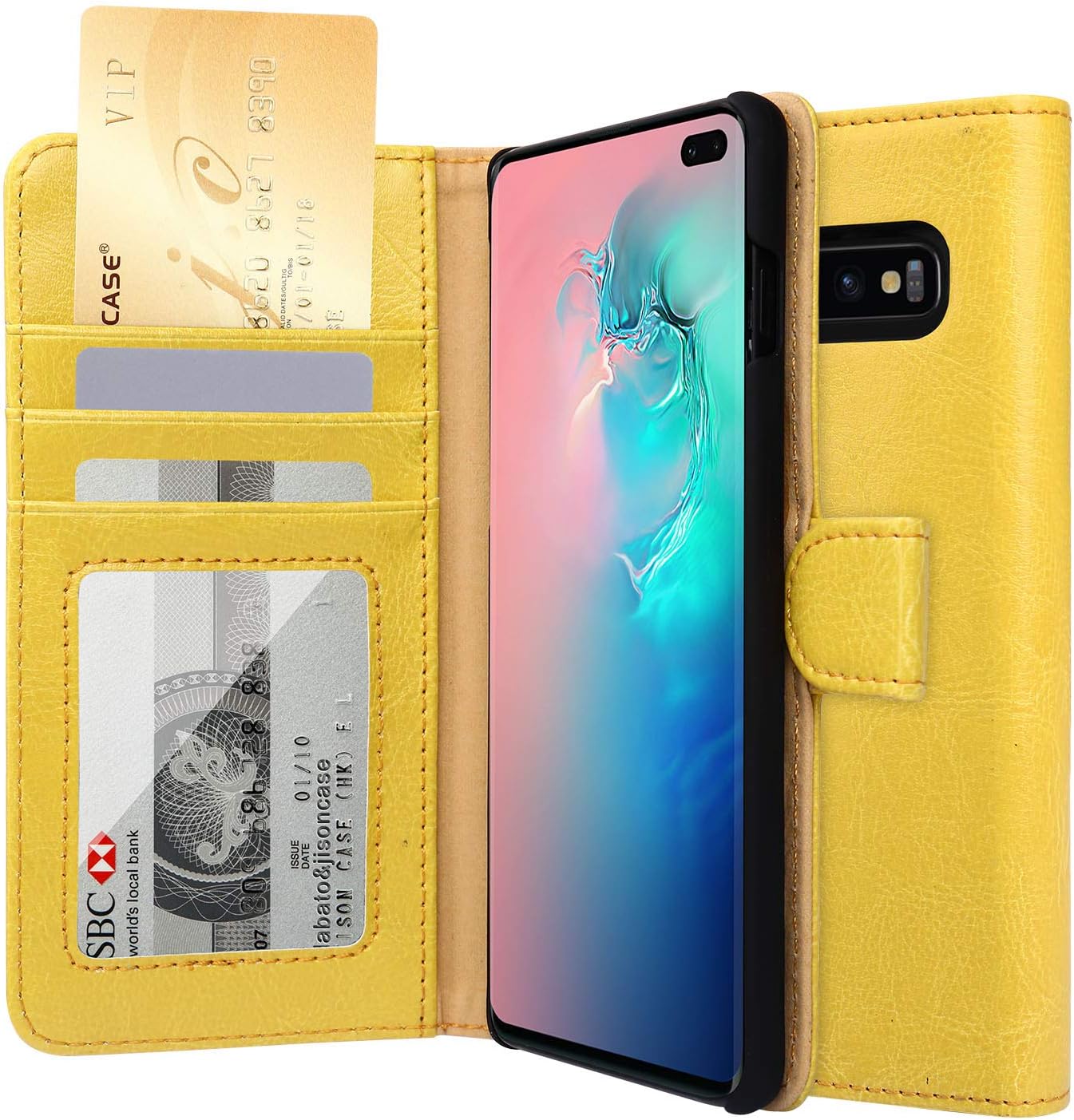 Samsung Galaxy S10 Plus Wallet Case, labato Galaxy S10 Plus Genuine Leather Flip Folio Case Cover with Stand Function Magnetic Closure Card Slots Support Wireless Power Share for Galaxy S10 PlusYellow