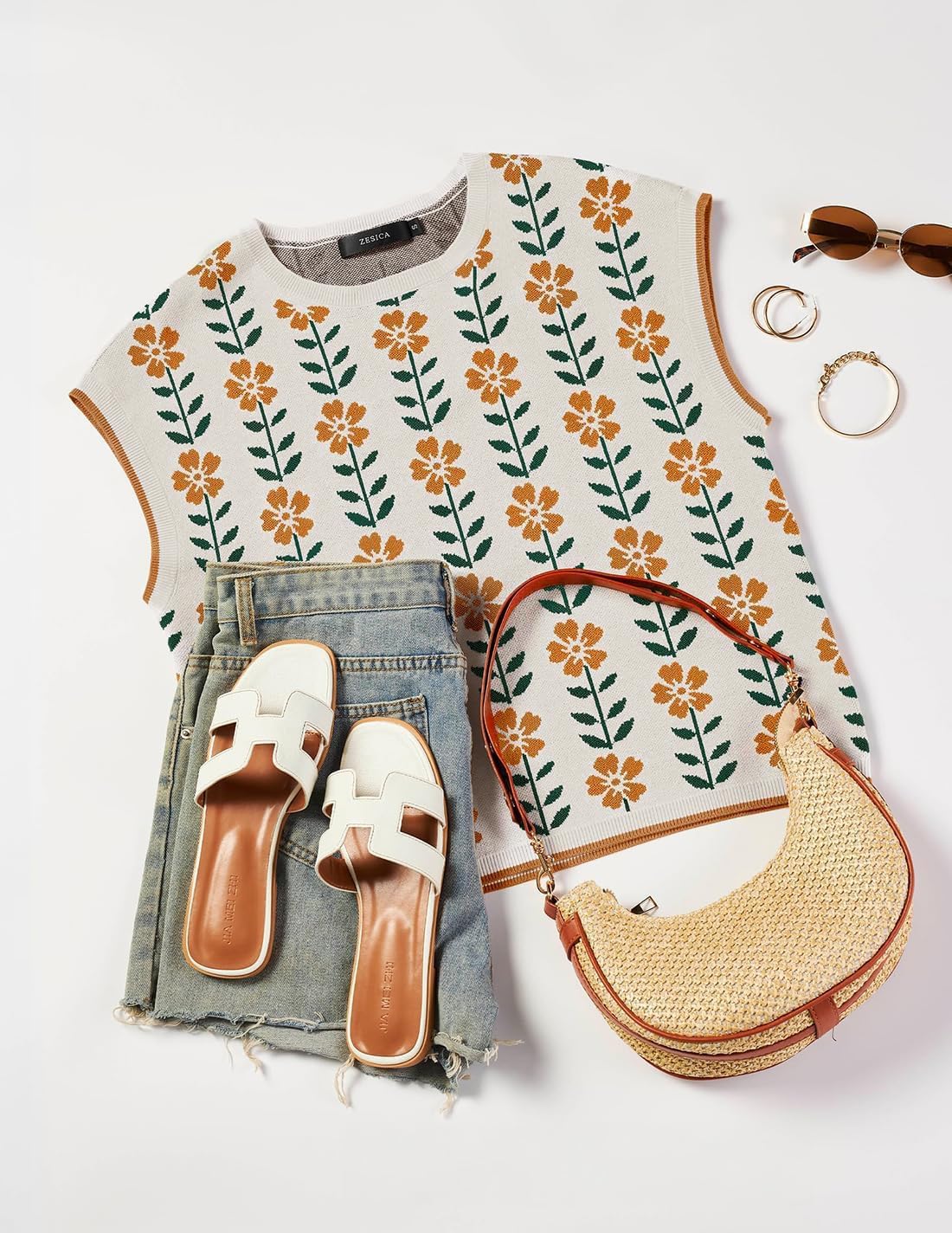 ZESICA Womens Floral Sweater Vest Summer Short Sleeve Crew Neck Cute Loose Knit Tops 2026 Trendy Clothes Outfits - Image 8