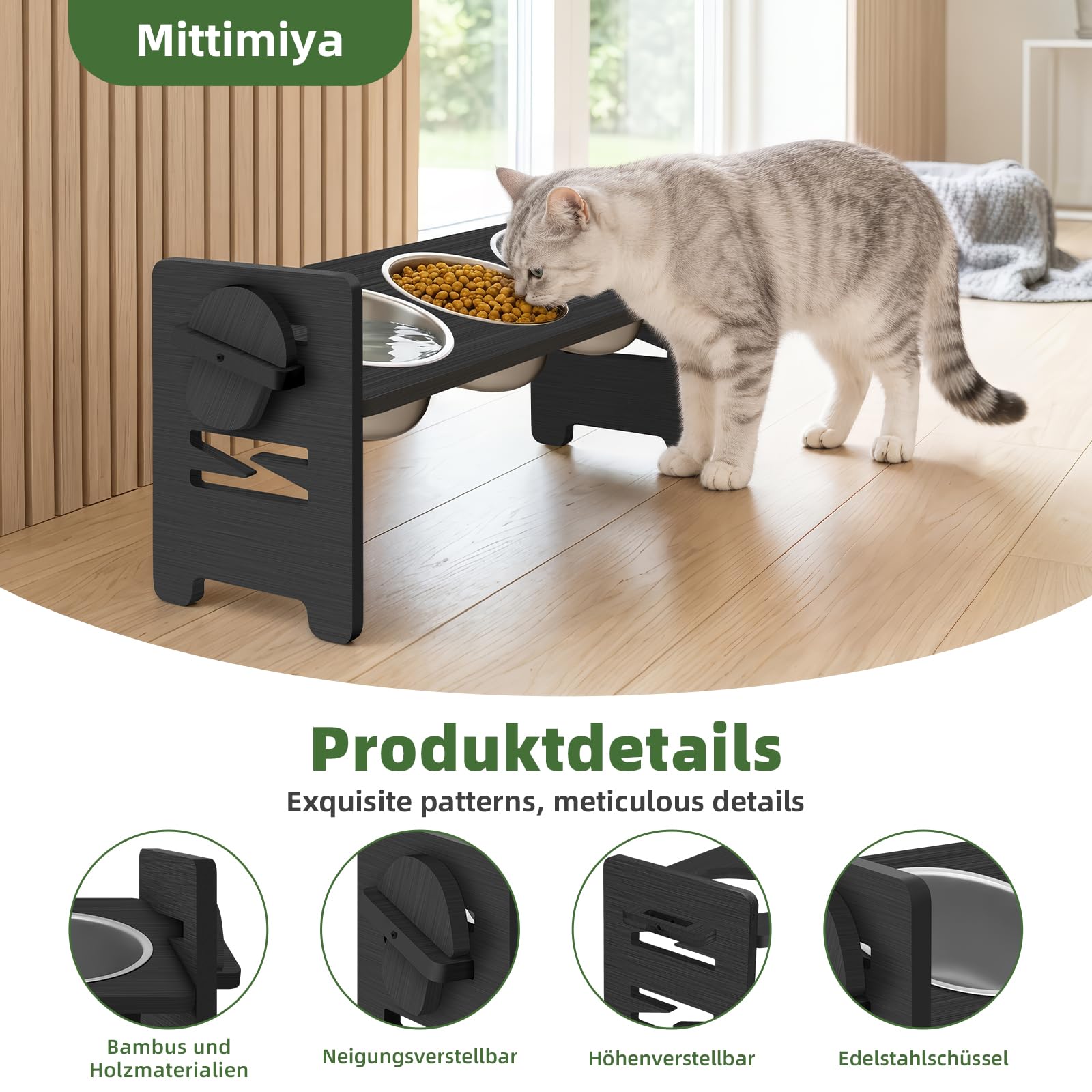 Mittimiya 3-teiliges Set Höhenverstellbar Katzennapf Erhöht, Erhöhter Futternapf Katze aus Bambus mit Edelstahl Näpfe für Wasser Futter, Futterstation Katze für Kleine Hunde und Katzen(Schwarz)