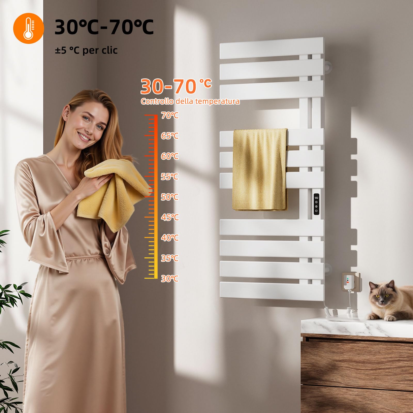Scaldasalviette Elettrico, Termostato WiFi Smart Scaldasalviette, per Alexa e Google Home e APP, 500x1100 mm, Portasciugamani elettrico, Scaldasalviette Elettrico Bagno Basso Consumo-WIFI White Right