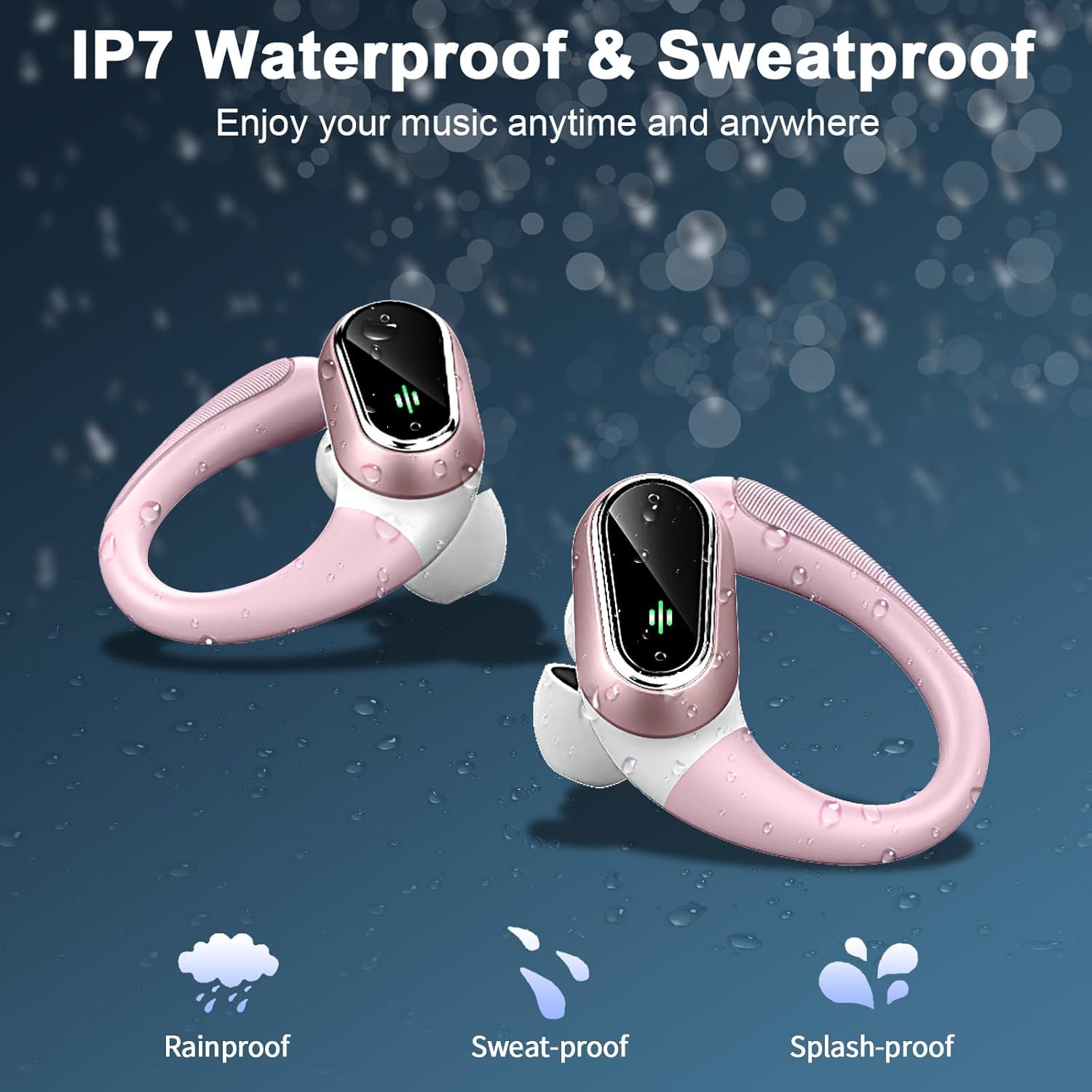 Cuffie Bluetooth Sport, Auricolari Bluetooth 5.3 Wireless con 4 ENC Cancellazione Rumore Mic, 50 Ore HiFi Stereo Cuffie Wireless, IP7 Impermeabile, Cuffiette Bluetooth con LED Display, USB-C, Rosa