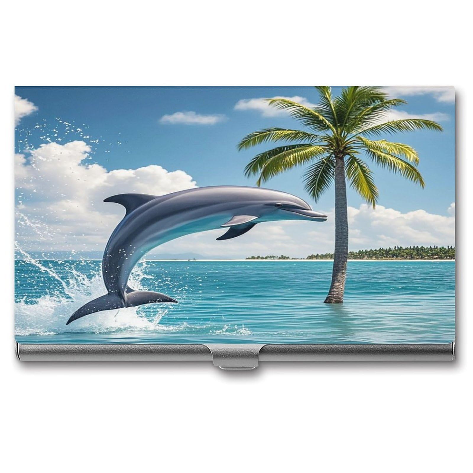 FekiLoot Dolphins And Palm Trees Business Card Holder Aluminum Alloy Business Card Case Convenient to Carry Business Card Dispenser for Men Women