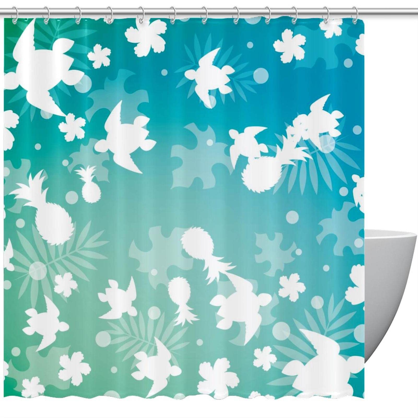 Rideau de douche aquarelle motif fleurs et tortue tropicale blanche style artistique