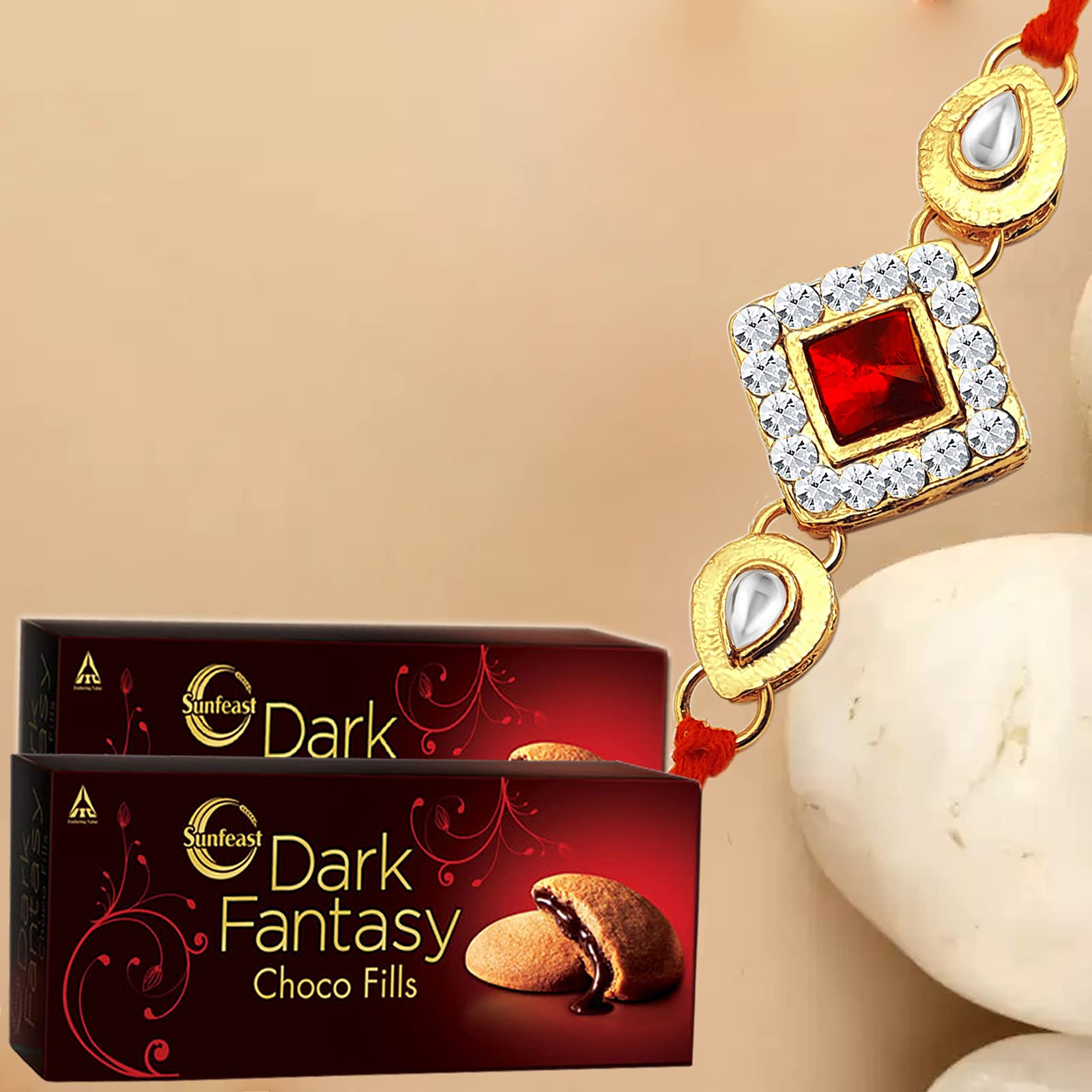 ascension Kundan Meena Design Rakhi Raksha Bandhan Gift Band Moli Bracelet Design Rakhi for Brother bhaiya bro with 2 Dark Fantasy Cookies & Roli Pack (Pack of 4) 2